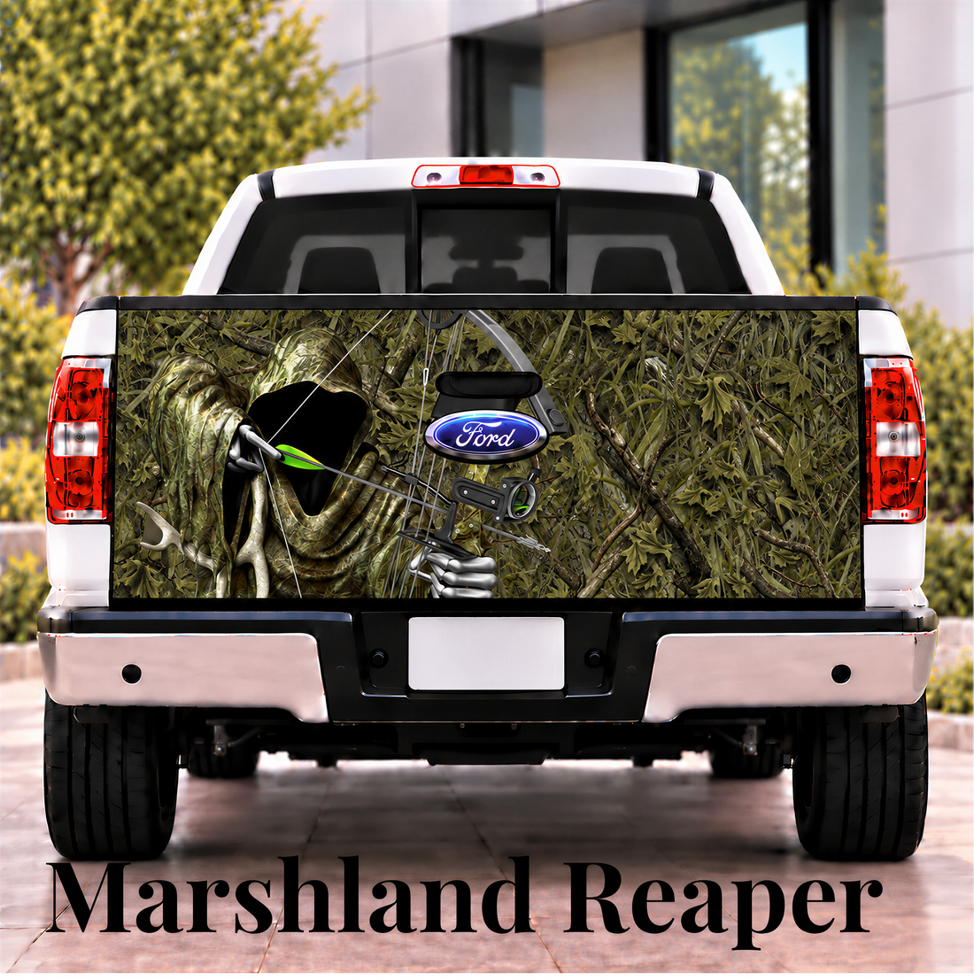 A white Ford truck with a camouflage-style design on the rear bumper, depicting a figure holding a bow and arrow.