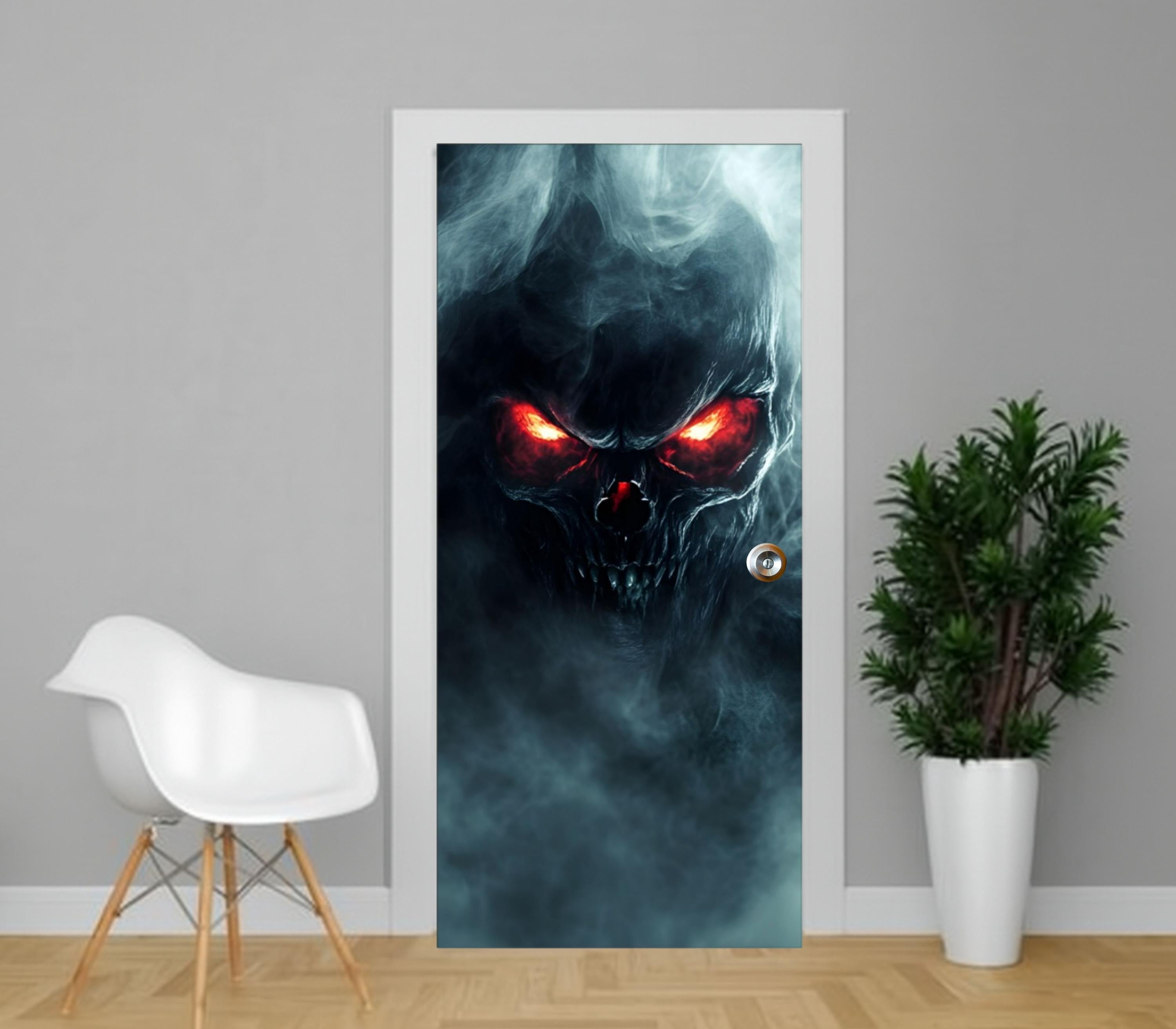 a door with a large, menacing skull face on it, with glowing red eyes and a menacing expression. The door is set in a gray wall, and there is a white chair and a potted plant nearby.