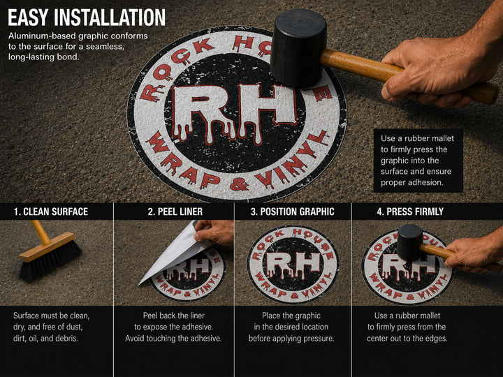 The image is a step-by-step guide on how to install a graphic on a surface using a rubber mallet. It shows the process of cleaning the surface, peeling the liner, placing the desired graphic, and pressing firmly to ensure proper adhesion.