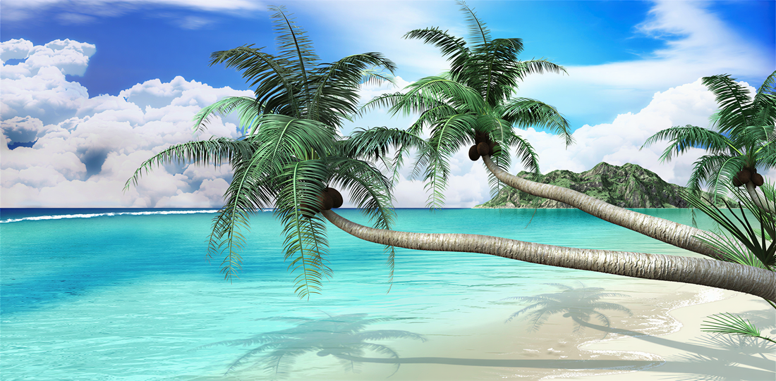 A tropical beach scene with swaying palm trees, turquoise waters, and a distant island visible in the background.