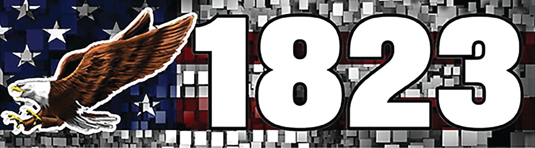 a large number "1823" in bold, white letters against a background that includes an American flag and a soaring eagle.