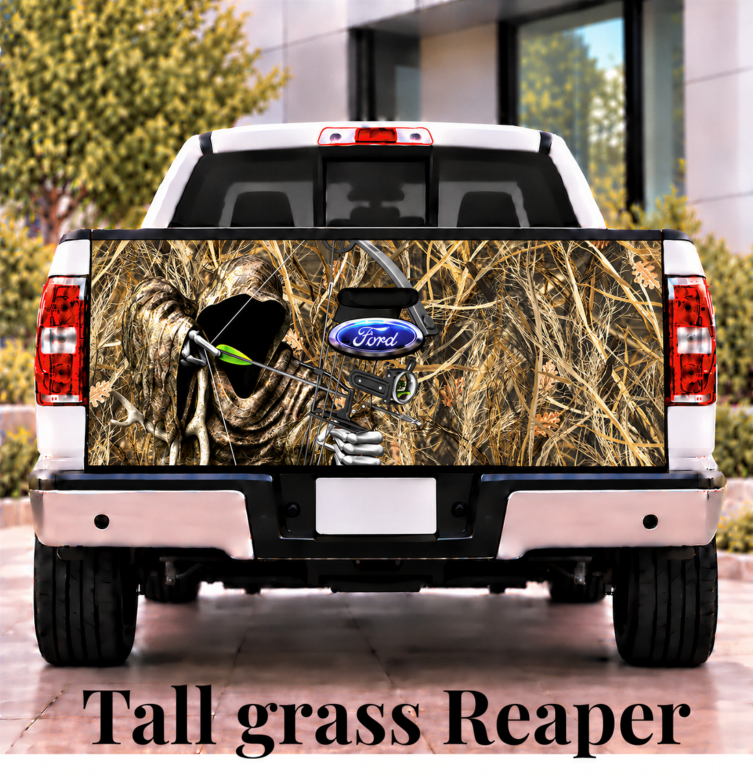 A Ford truck with a camouflage design on the rear, depicting a tall grass reaper.