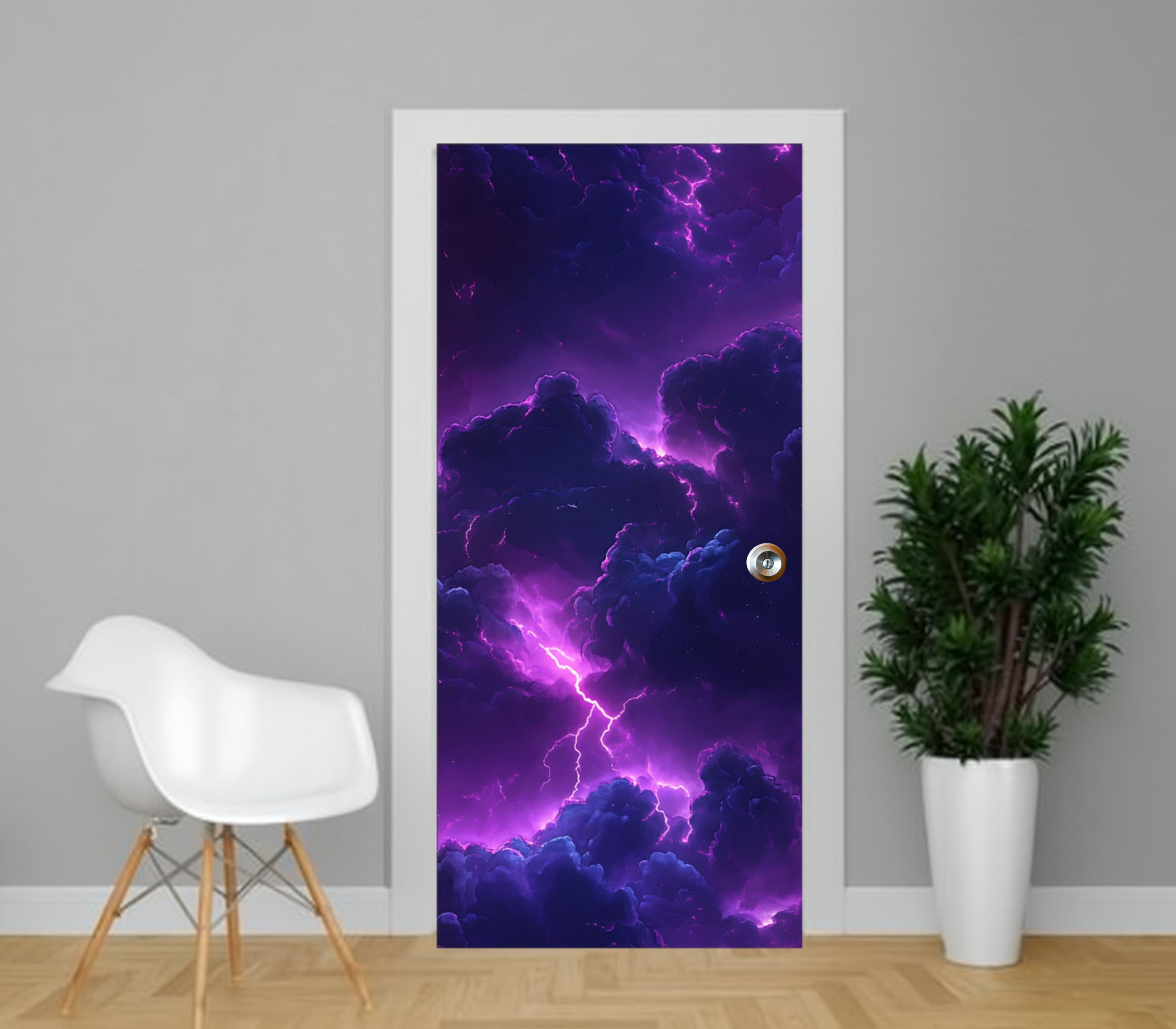 a door with a vibrant purple and blue sky wallpaper, creating a striking and visually captivating scene. A white chair is positioned next to the door, and a potted plant is placed nearby, adding a touch of greenery to the space.