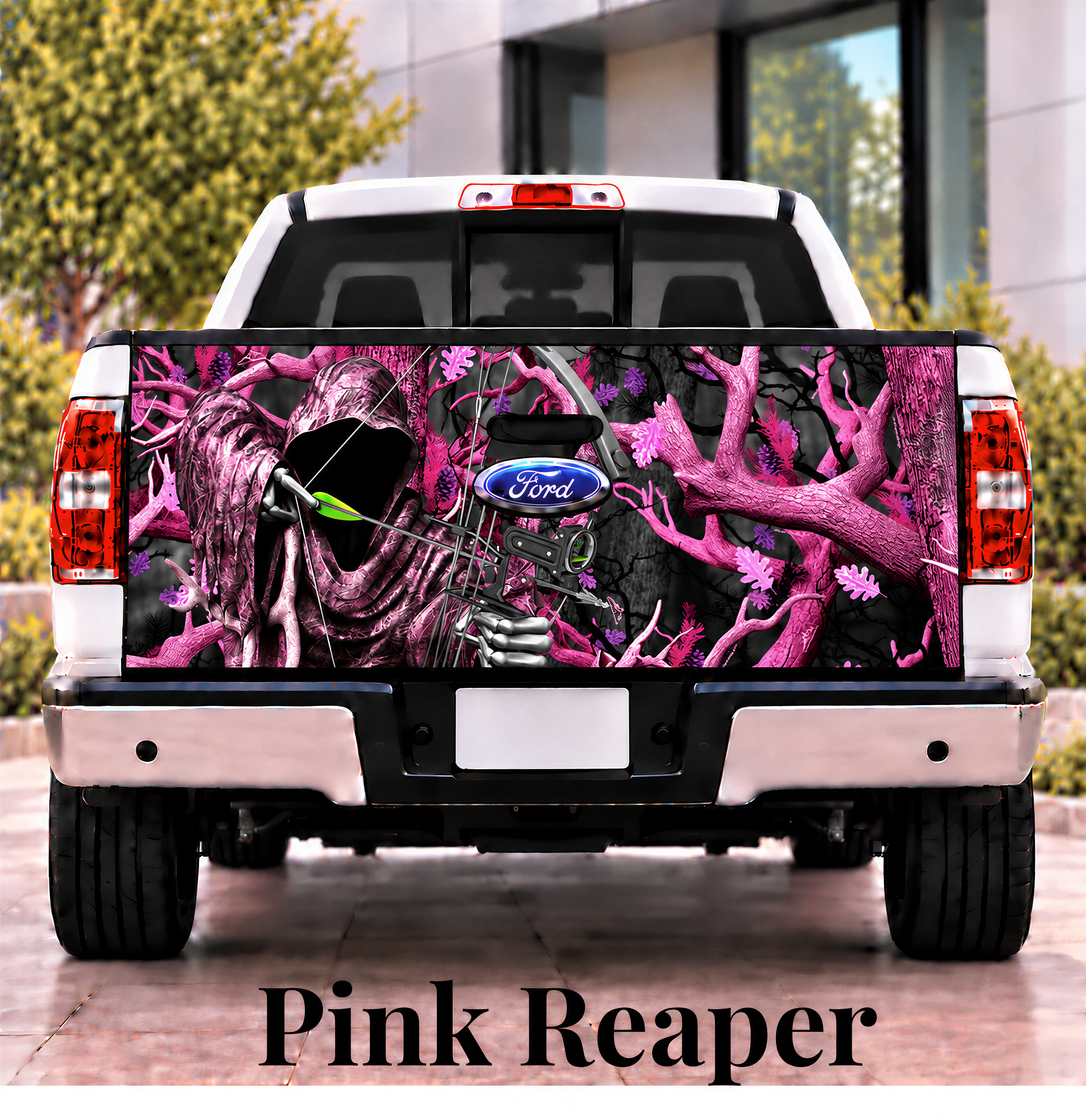 the rear of a white Ford truck with a large, colorful graphic on the tailgate. The graphic features a pink reaper, a symbol often associated with the horror movie "The Reaper".