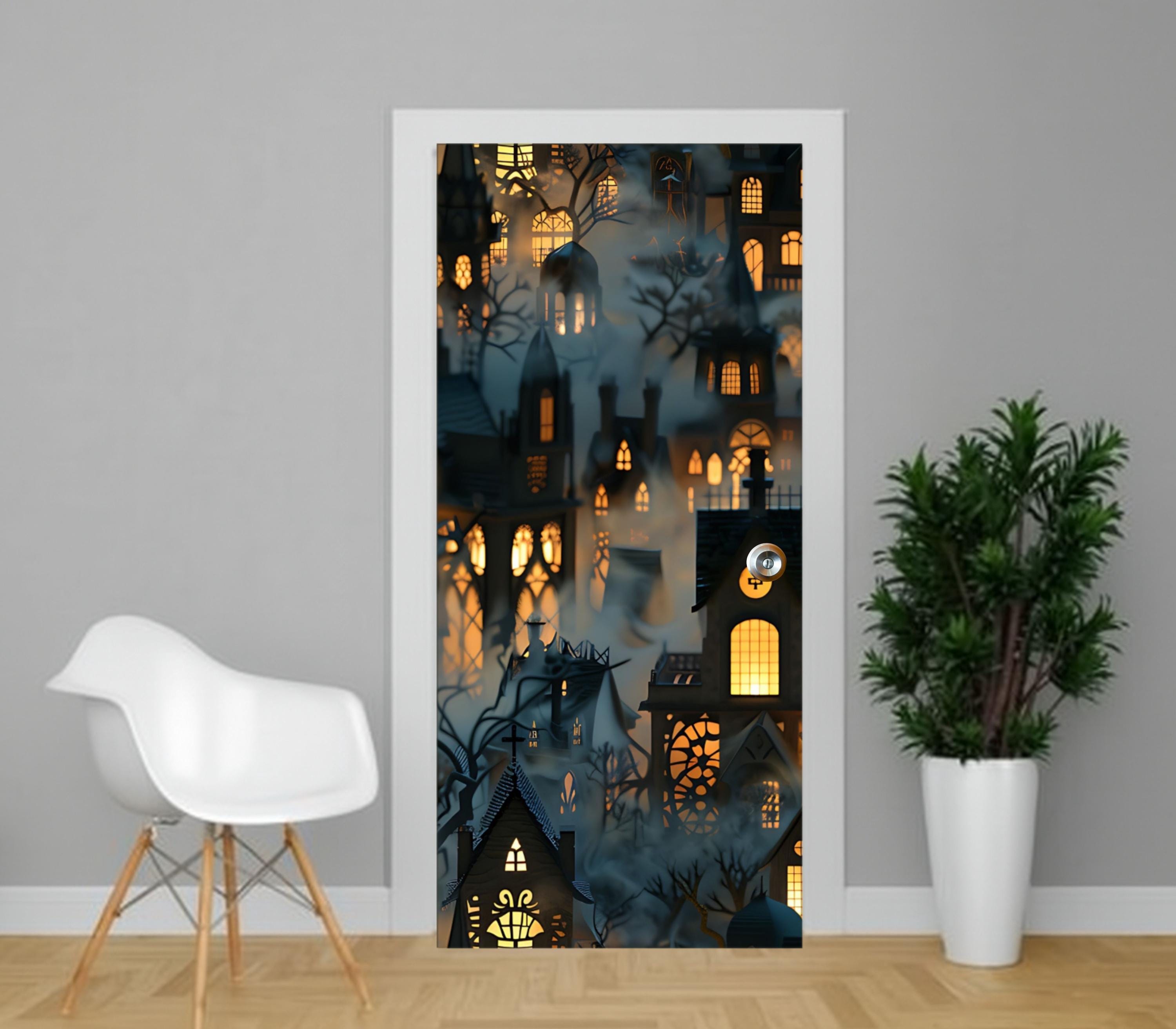 a door with a large, intricate, and colorful illustration of a cityscape on it, which appears to be a 3D printed or digitally created design. The door is set in a gray wall, and there is a white chair and a potted plant visible in the foreground.