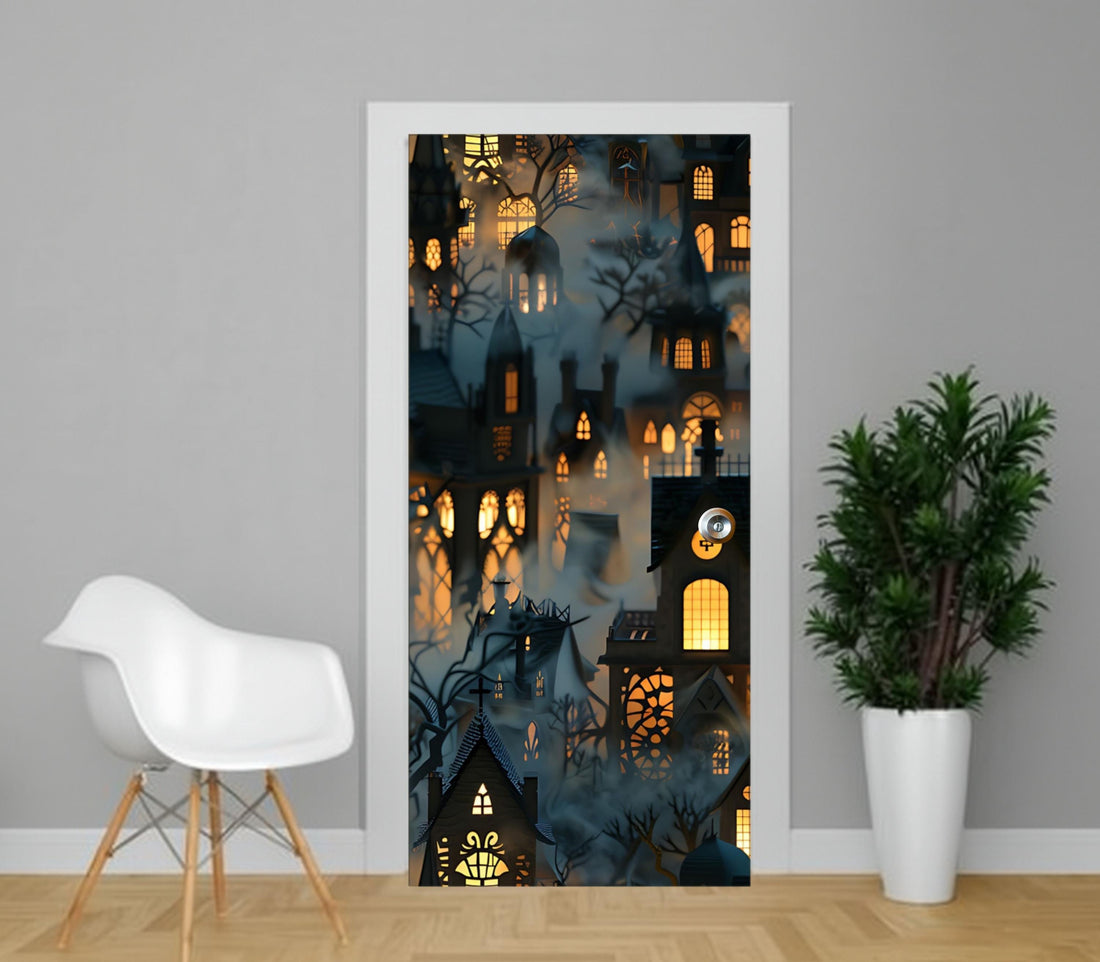 a door with a large, intricate, and colorful illustration of a cityscape on it, which appears to be a 3D printed or digitally created design. The door is set in a gray wall, and there is a white chair and a potted plant visible in the foreground.