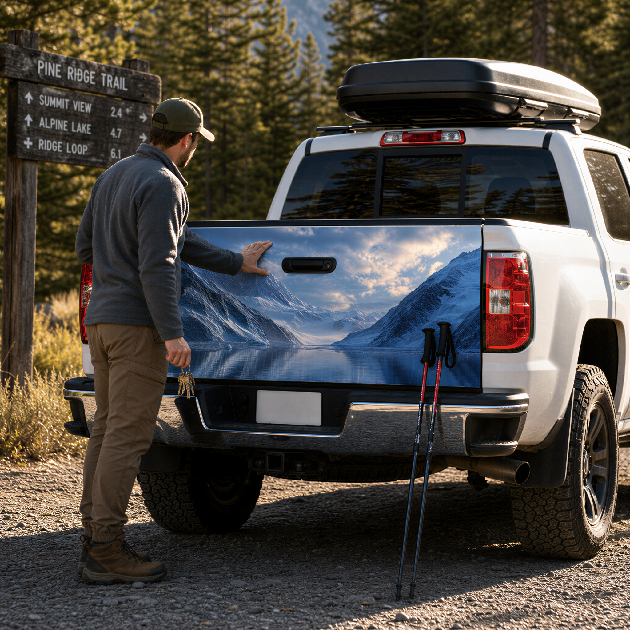 A man stands next to a white pickup truck, pointing at the back of the truck bed, which has a scenic mountain landscape printed on it.