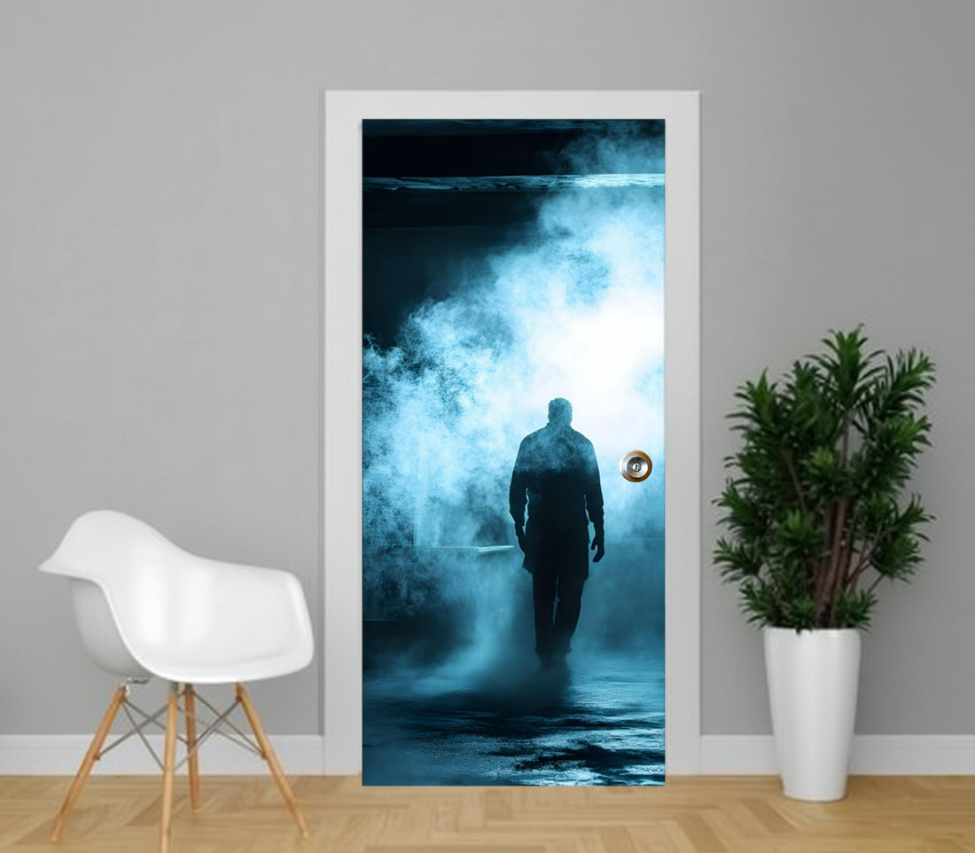 a person walking through a doorway, with a large amount of smoke or fog obscuring their view.