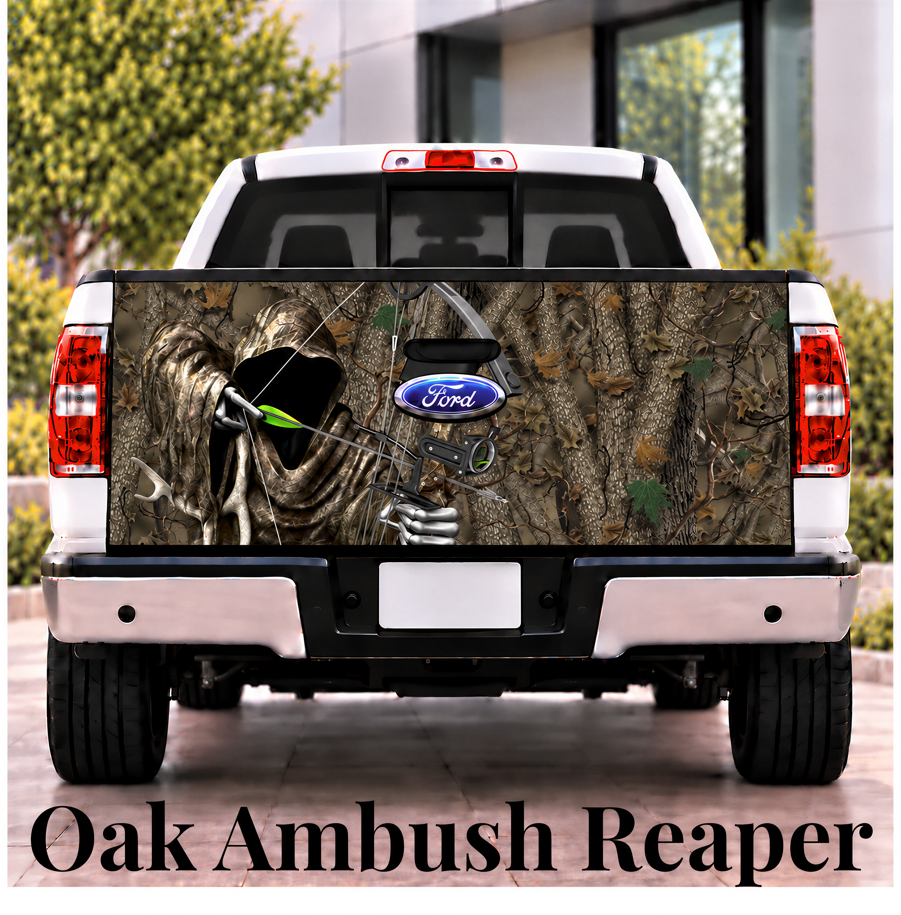 the rear of a white Ford truck with a camouflage design on the tailgate, depicting a reclining figure with a bow and arrow.