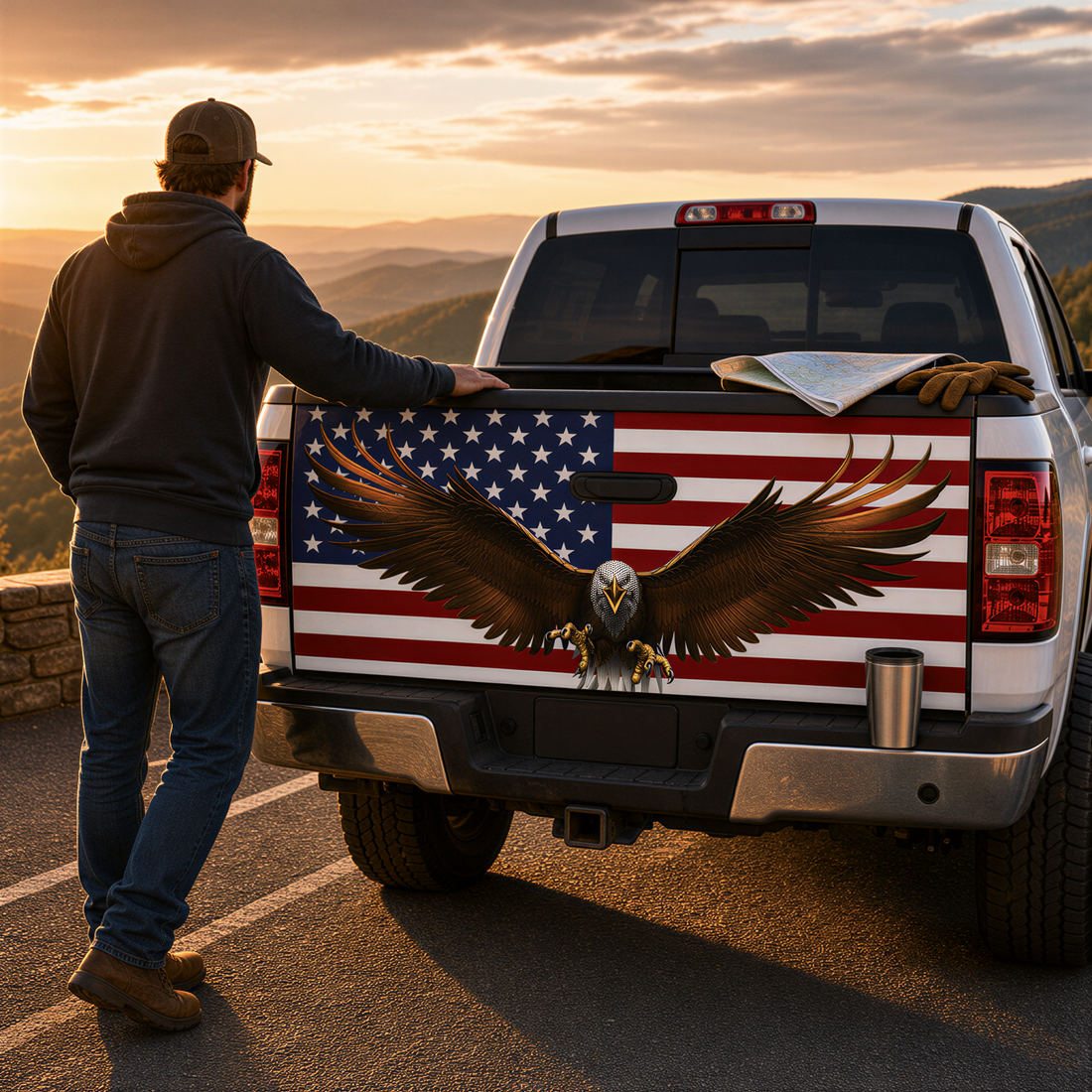 A man stands next to a white pickup truck with an American flag decal on the rear, overlooking a scenic landscape at sunset.