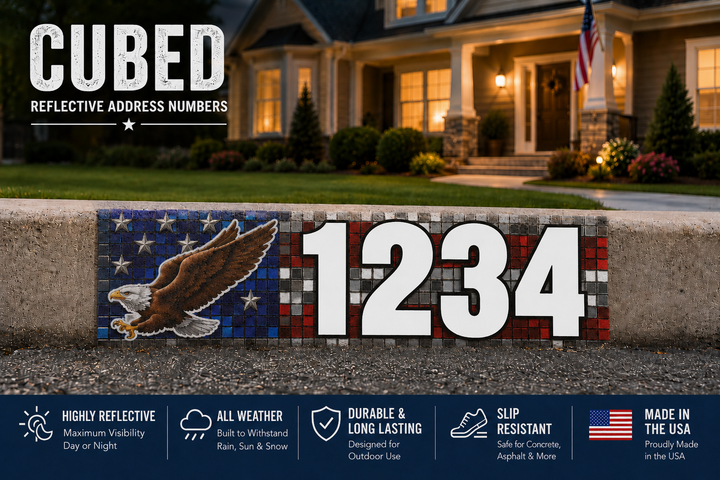 a house with a large reflective address number in front of it. The address number is 1234.