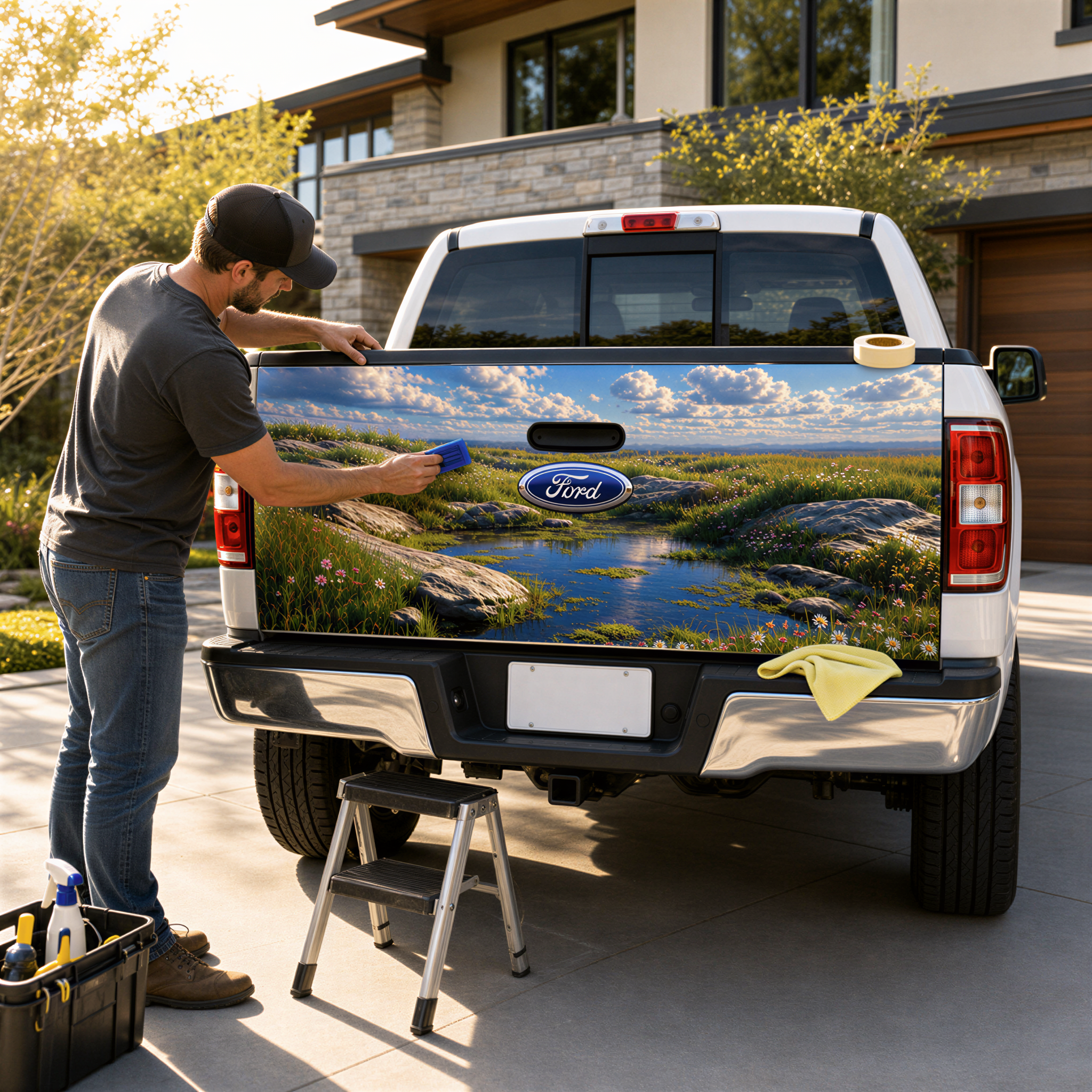 A man is cleaning the rear window of a white Ford truck, which has a large image of a scenic landscape painted on the rear window.