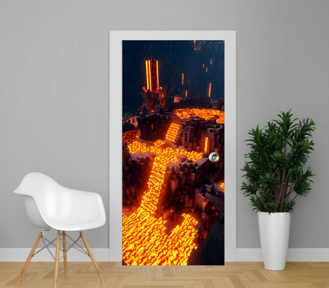 a door with a vibrant, fiery Minecraft-style scene behind it, featuring a lava flow and various Minecraft-style structures.
