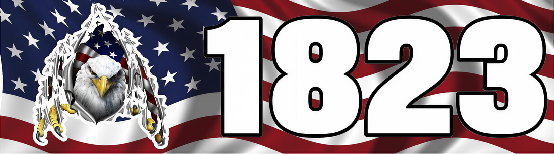 a large number "1823" in bold, white text against a background of the American flag with stars and stripes.