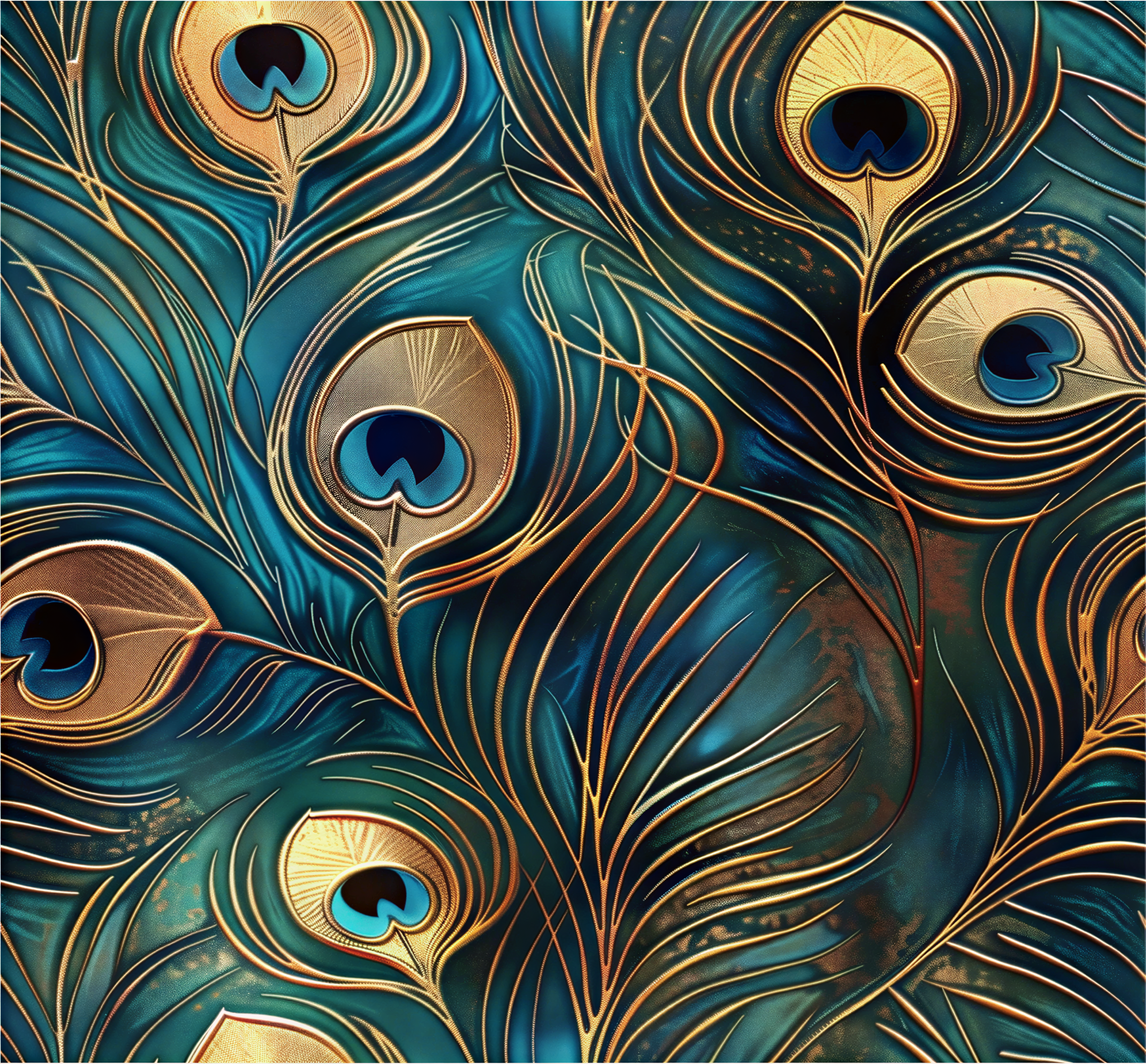 The image is a close-up of a pattern of peacock feathers, featuring intricate designs and vibrant colors.