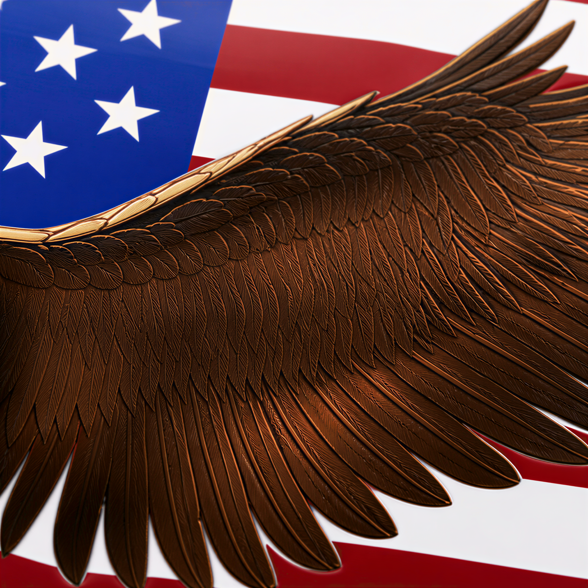 a close-up view of a brown eagle's wing against the backdrop of the American flag.