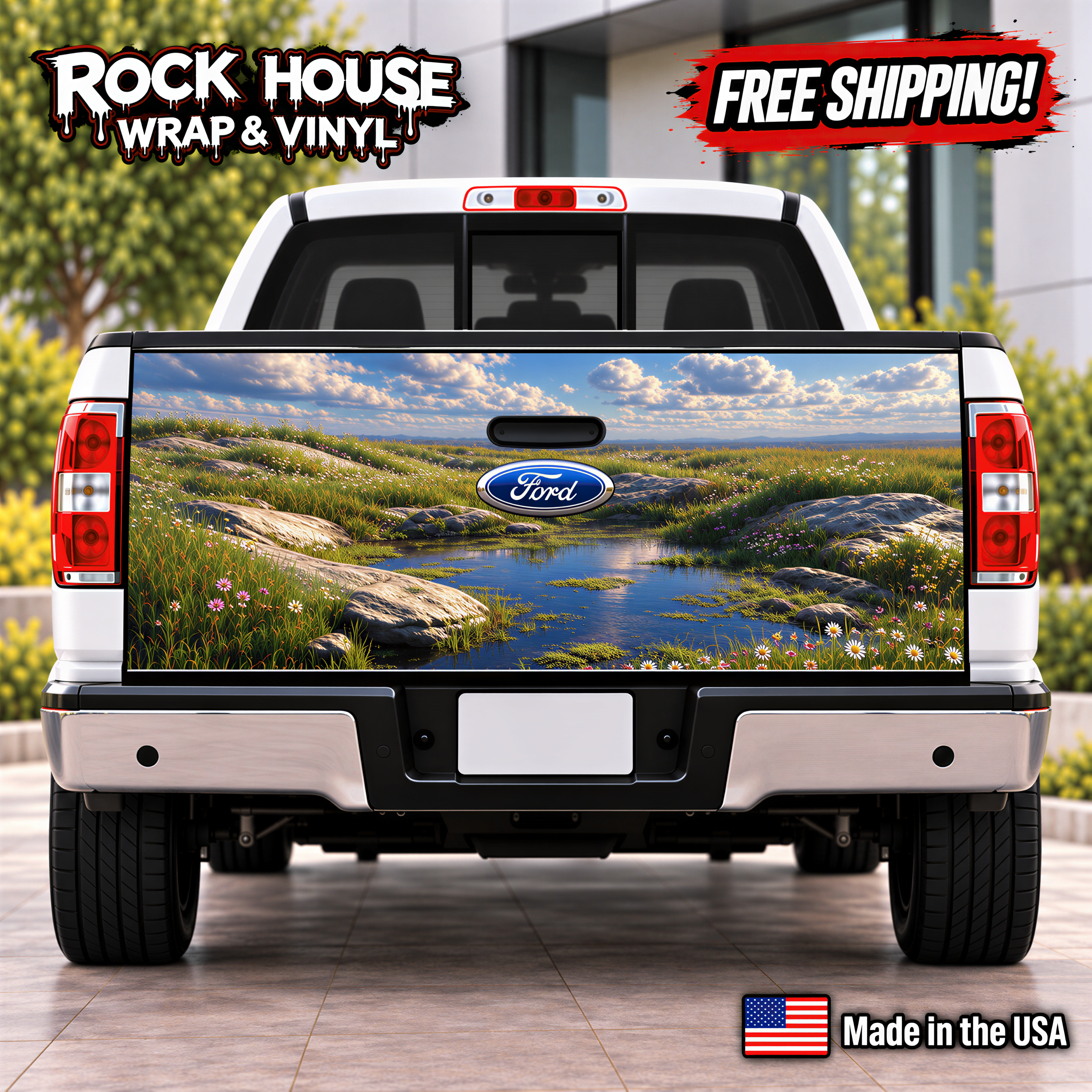 a white Ford truck with a large, colorful decal of a grassy field and water on the rear bumper.