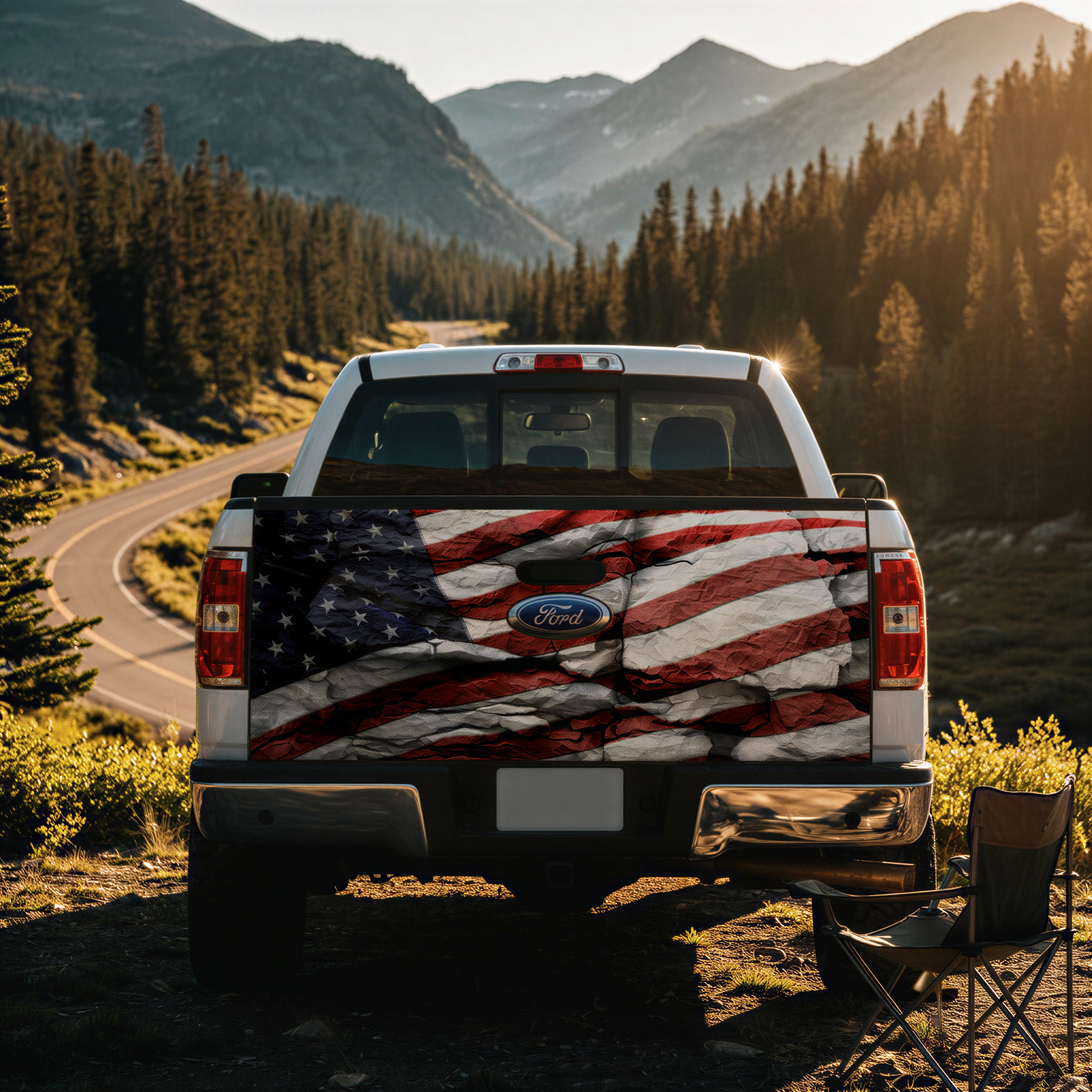 A white Ford truck with an American flag decal on the rear is parked on a road surrounded by pine trees and mountains in the background.