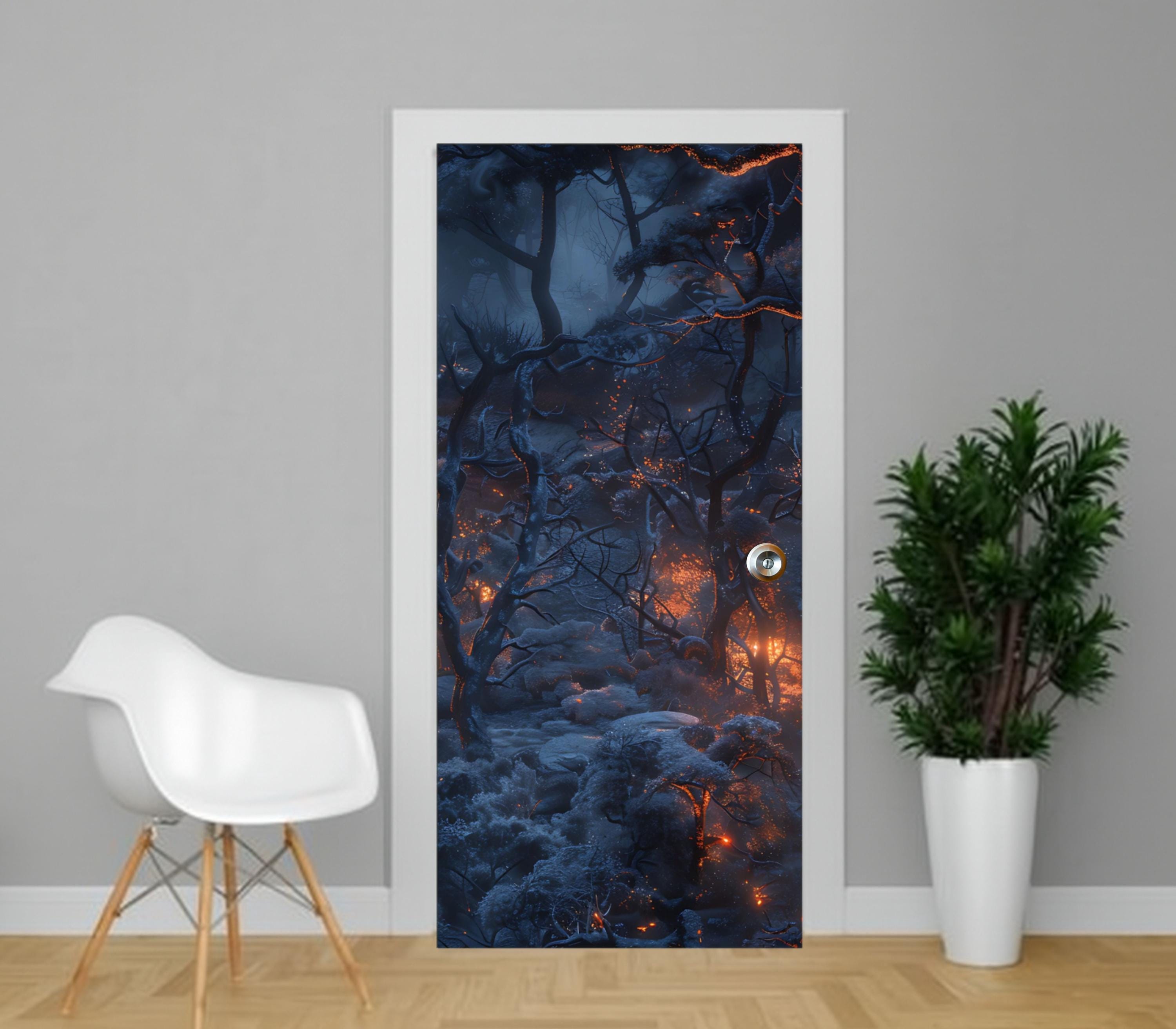 a door with a striking image of a forest scene, including a fire and a snowy landscape, creating a dramatic and captivating visual effect.