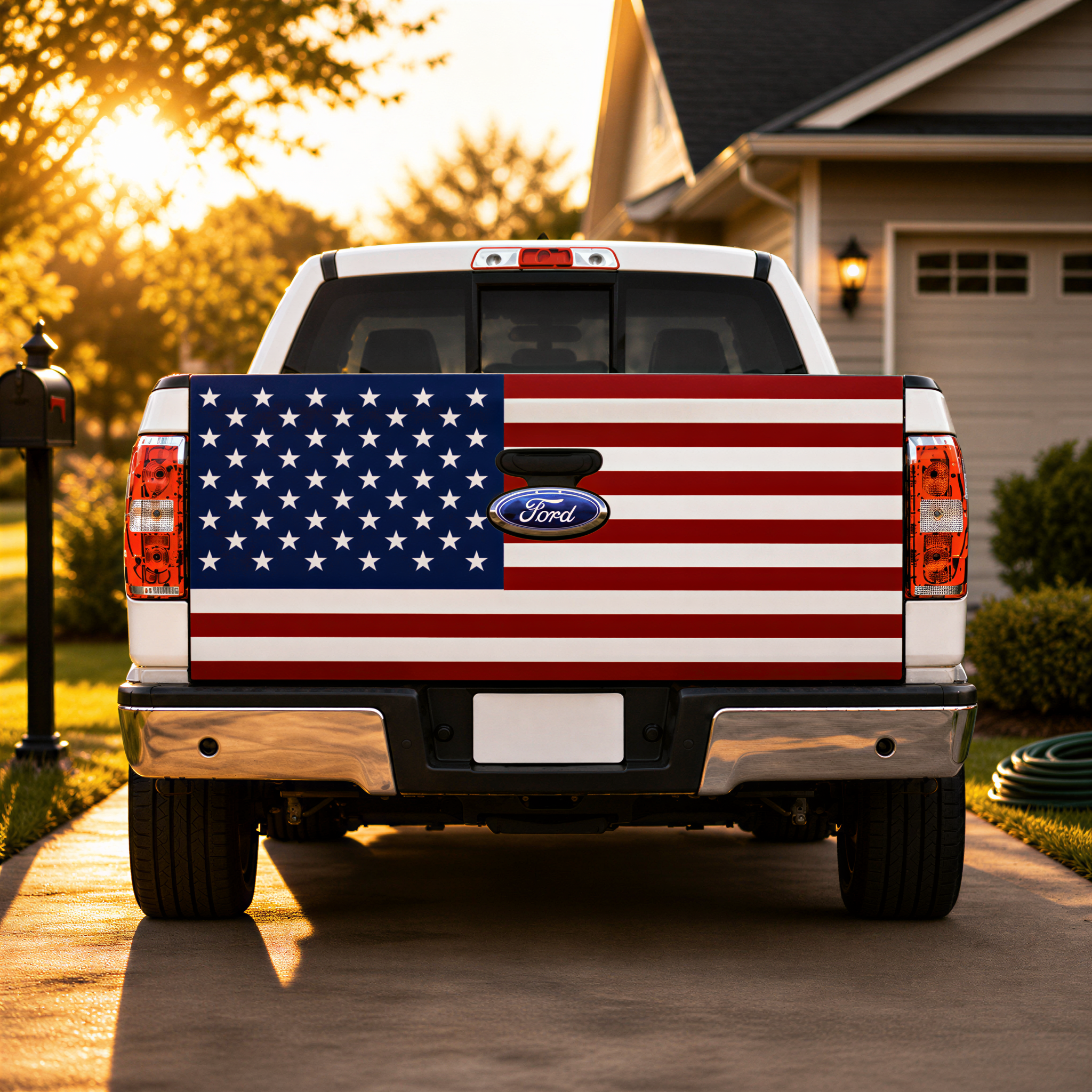 a white Ford truck with an American flag decal on the rear of the truck, parked on a driveway in front of a house.