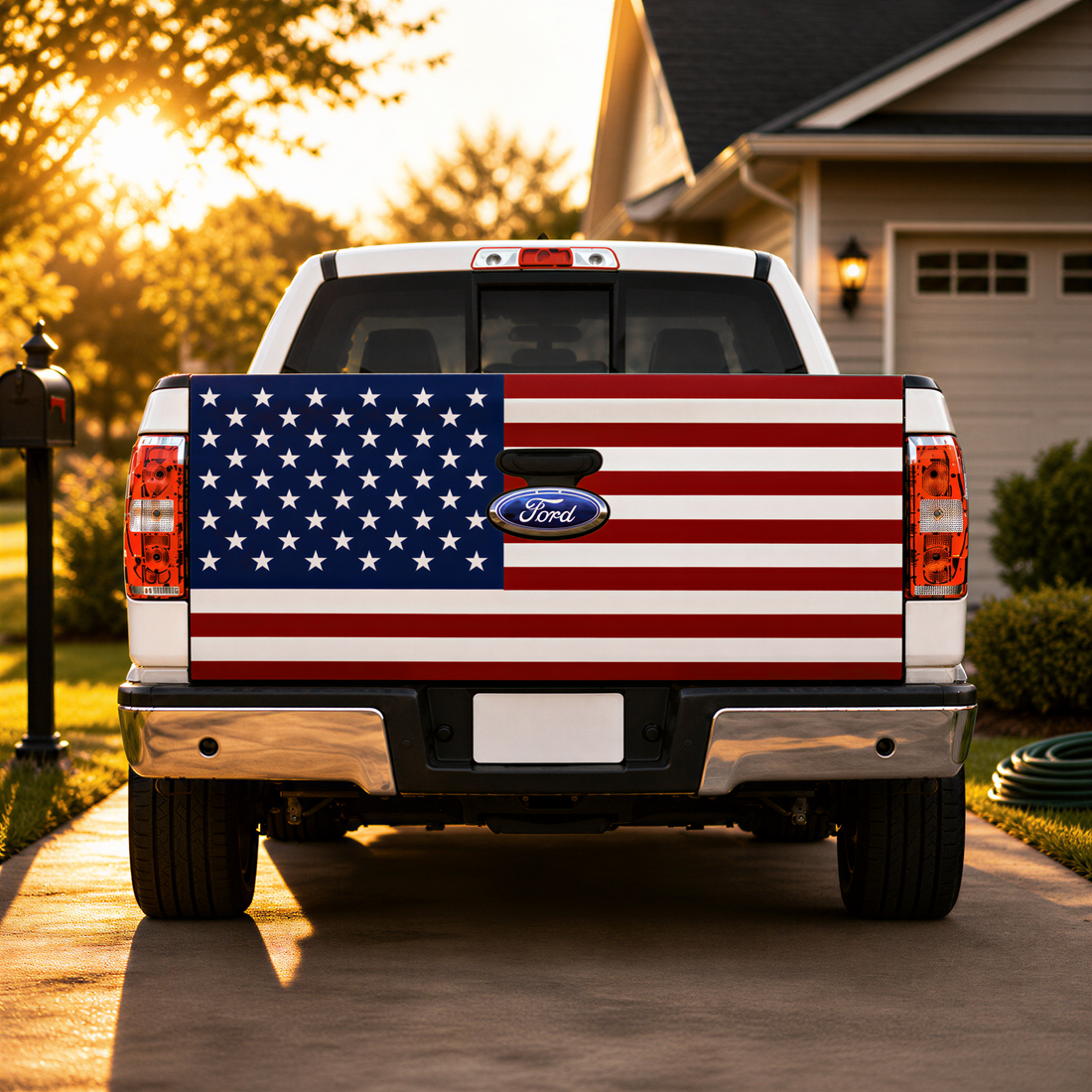 a white Ford truck with an American flag decal on the rear of the truck, parked on a driveway in front of a house.