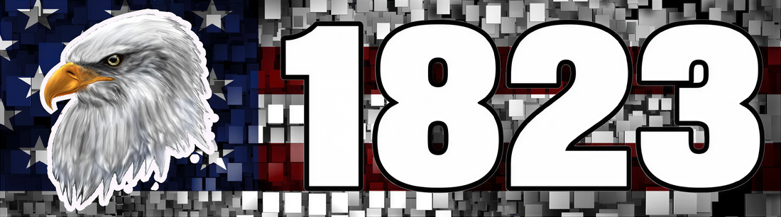 a large number "1823" in bold, white letters against a background that includes an American flag and a close-up of an eagle's head.