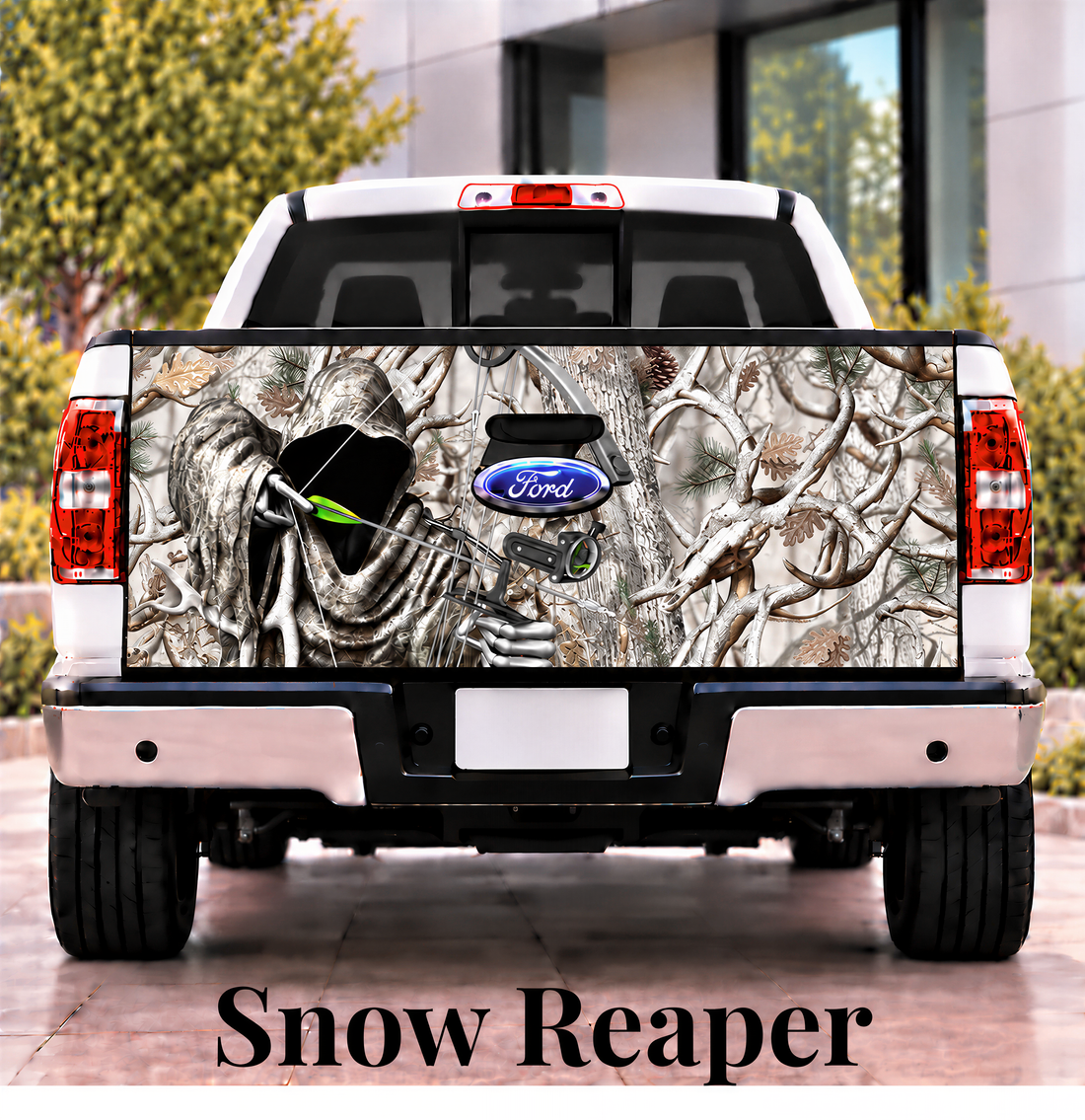 A white Ford truck with a camouflage design on the rear bumper, featuring a skull and crossbones motif.