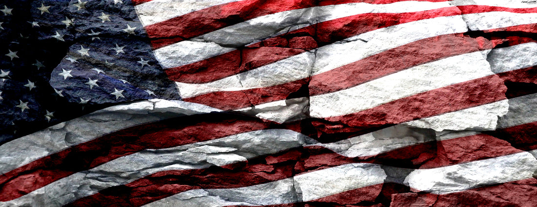 The image is a collage of various images, including the American flag, rocks, and other elements, creating a visually striking composition.