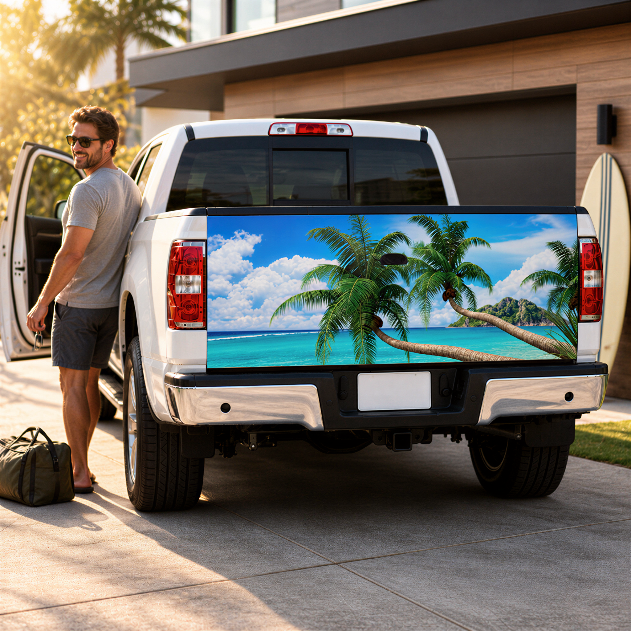 A man stands next to a white pickup truck with a tropical beach scene painted on the rear.