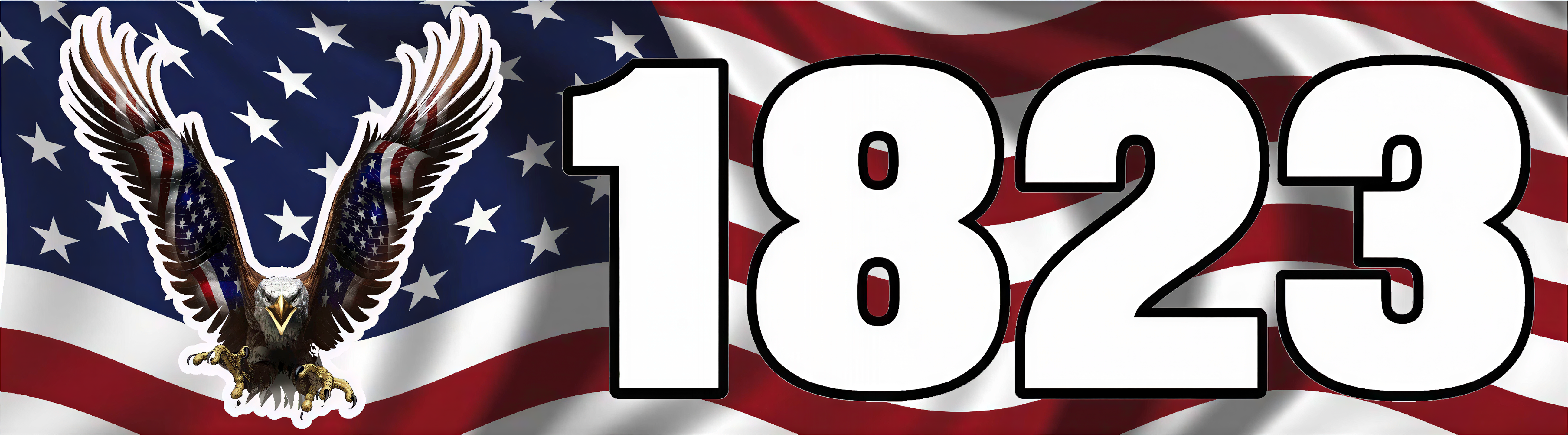 a large number "1823" in bold, white text against a background of the American flag with a bald eagle in flight.