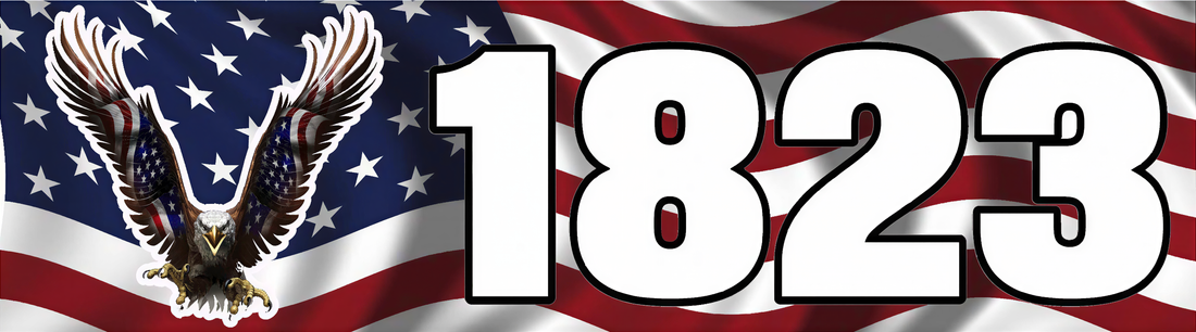 a large number "1823" in bold, white text against a background of the American flag with a bald eagle in flight.