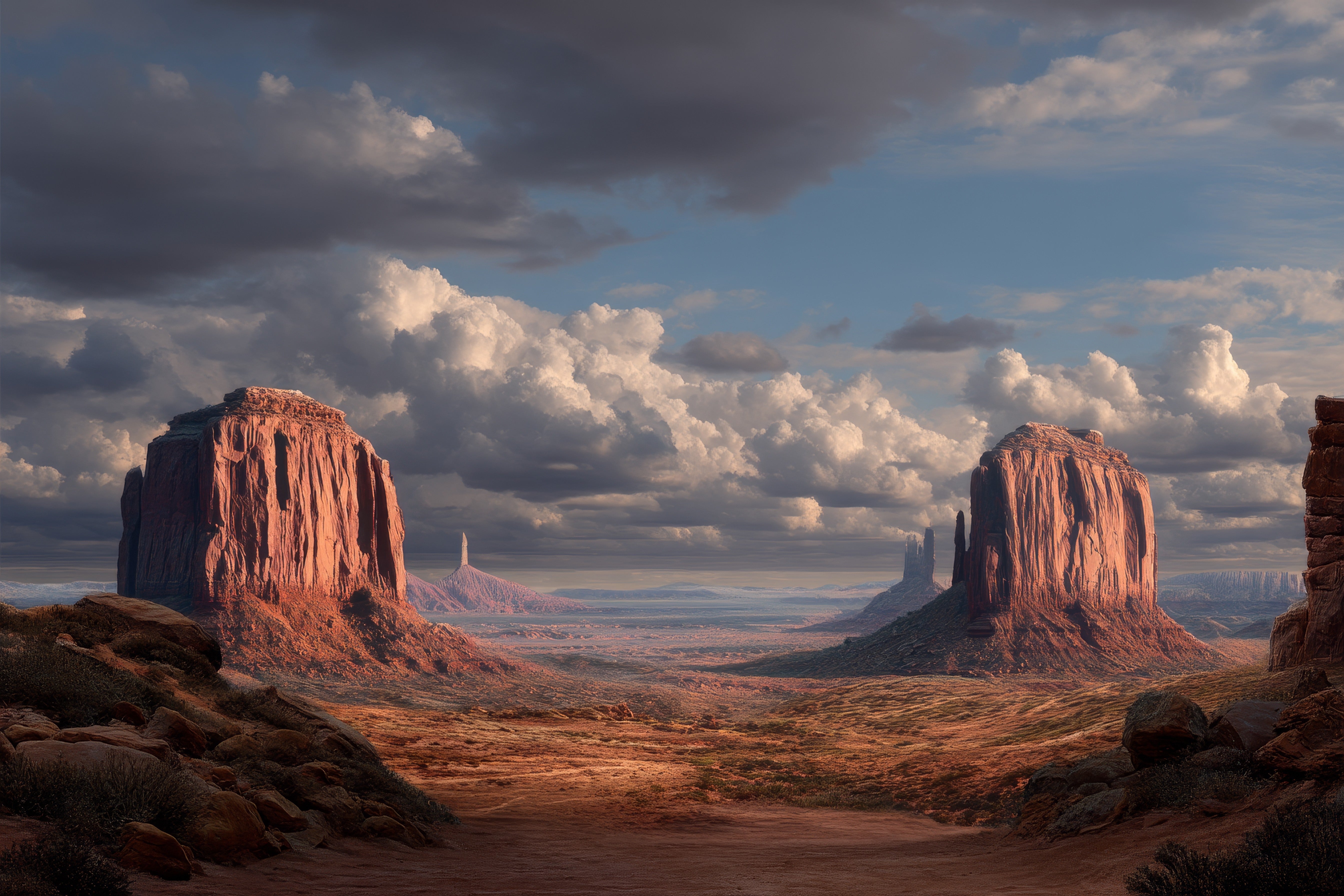 a vast, arid desert landscape with towering red rock formations under a dramatic cloudy sky.