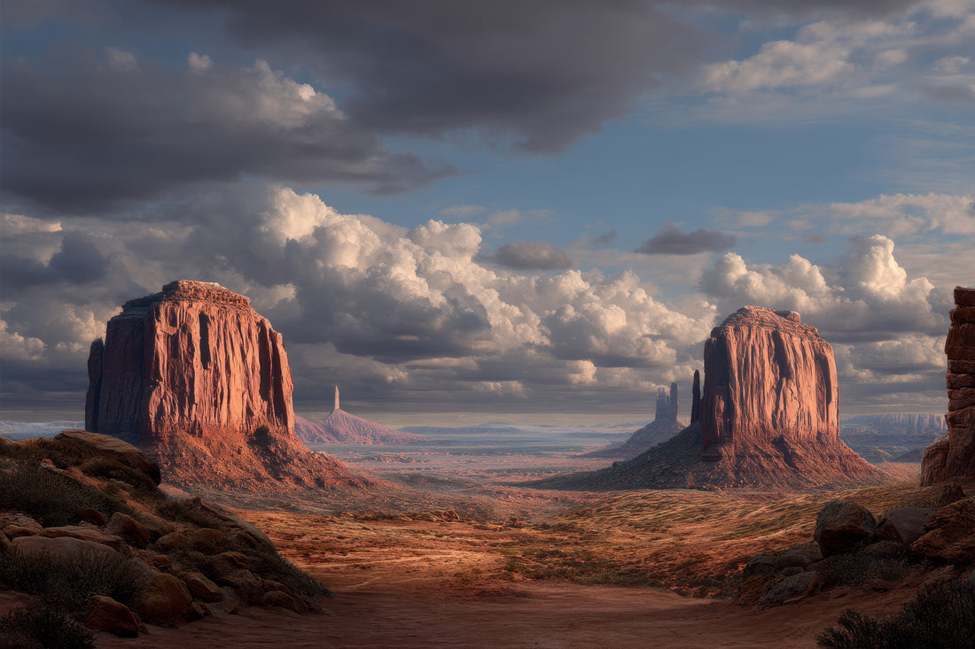 a vast, arid desert landscape with towering red rock formations under a dramatic cloudy sky.