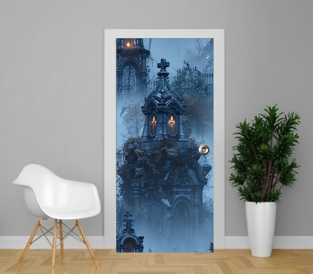 a door with a large, ornate, and intricate design, possibly a Gothic or Victorian style, with a foggy, atmospheric background. There is a white chair and a potted plant in the foreground, and the door is set in a gray wall.