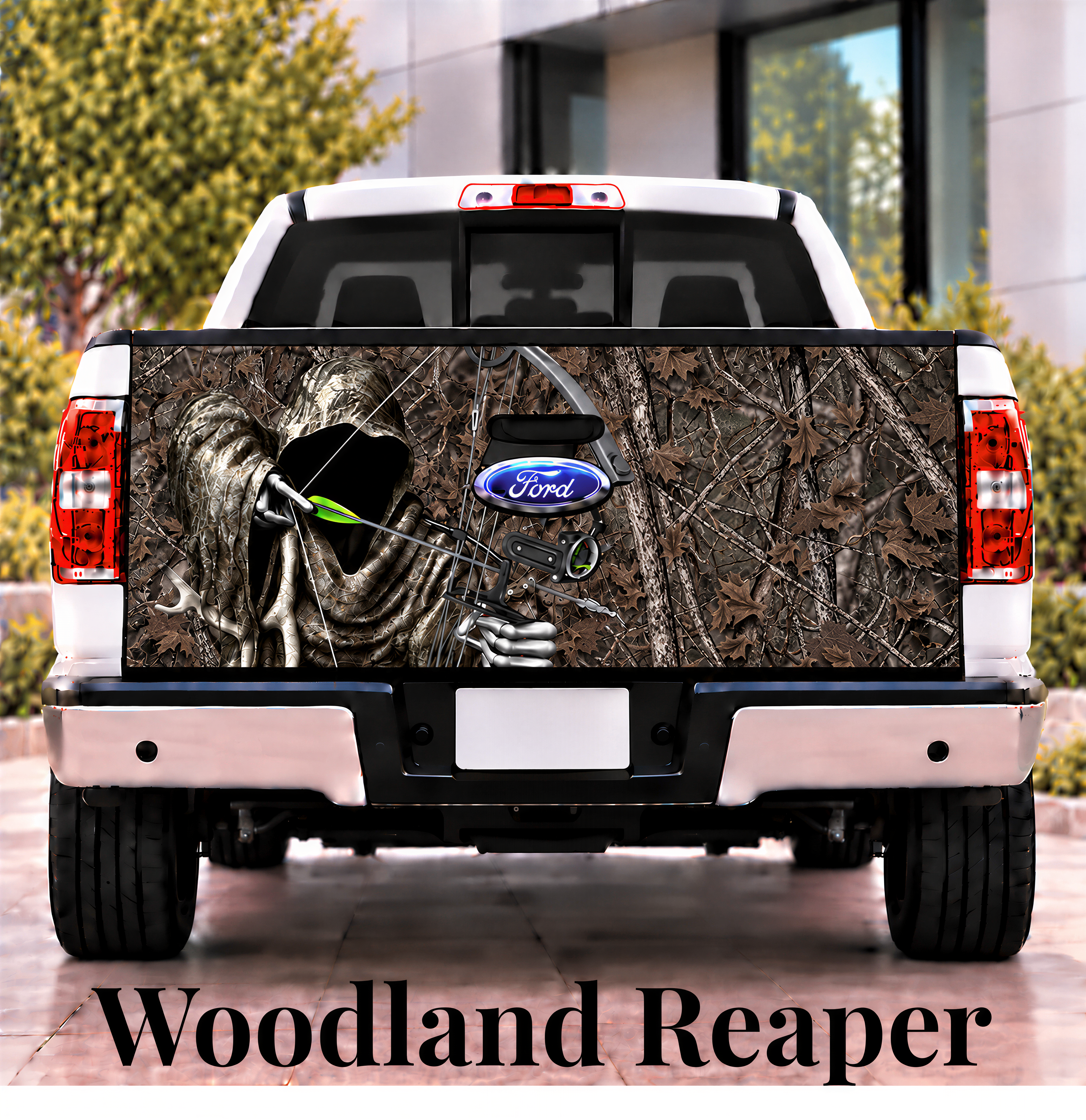 A Ford truck with a camouflage design on the rear, depicting a hooded figure with a fishing rod.