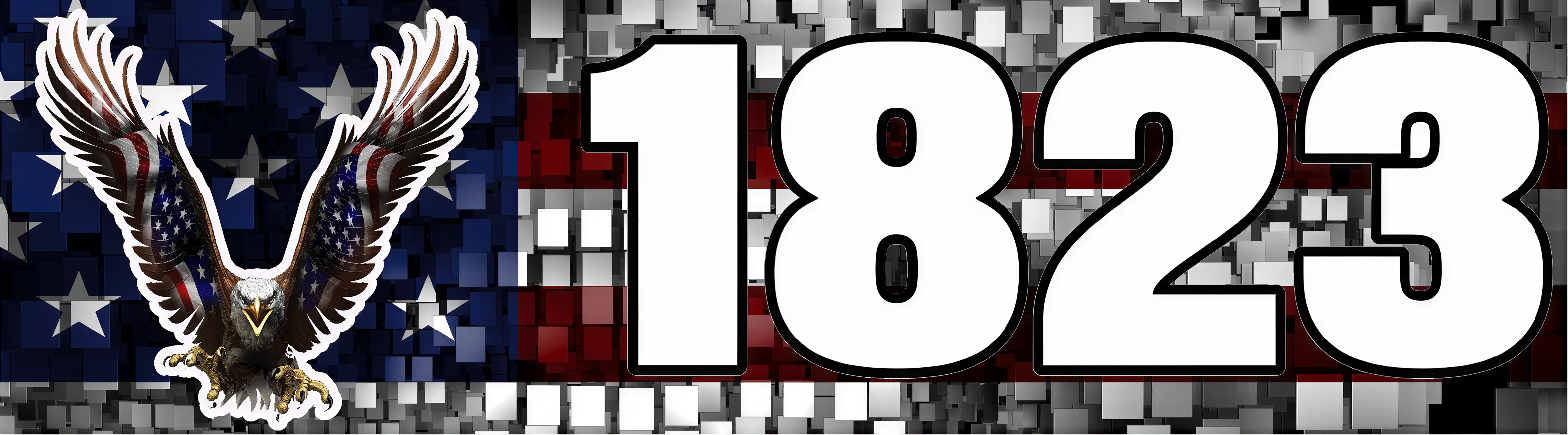 a large number "1823" in bold, white letters against a background of the American flag with a bird in flight.