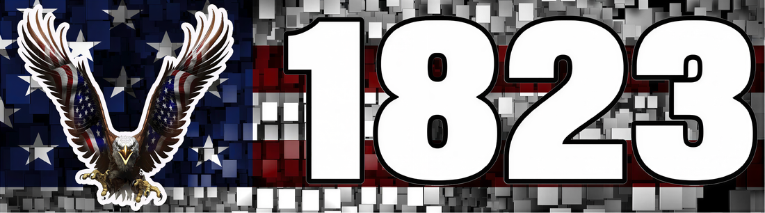 a large number "1823" in bold, white letters against a background of the American flag with a bird in flight.