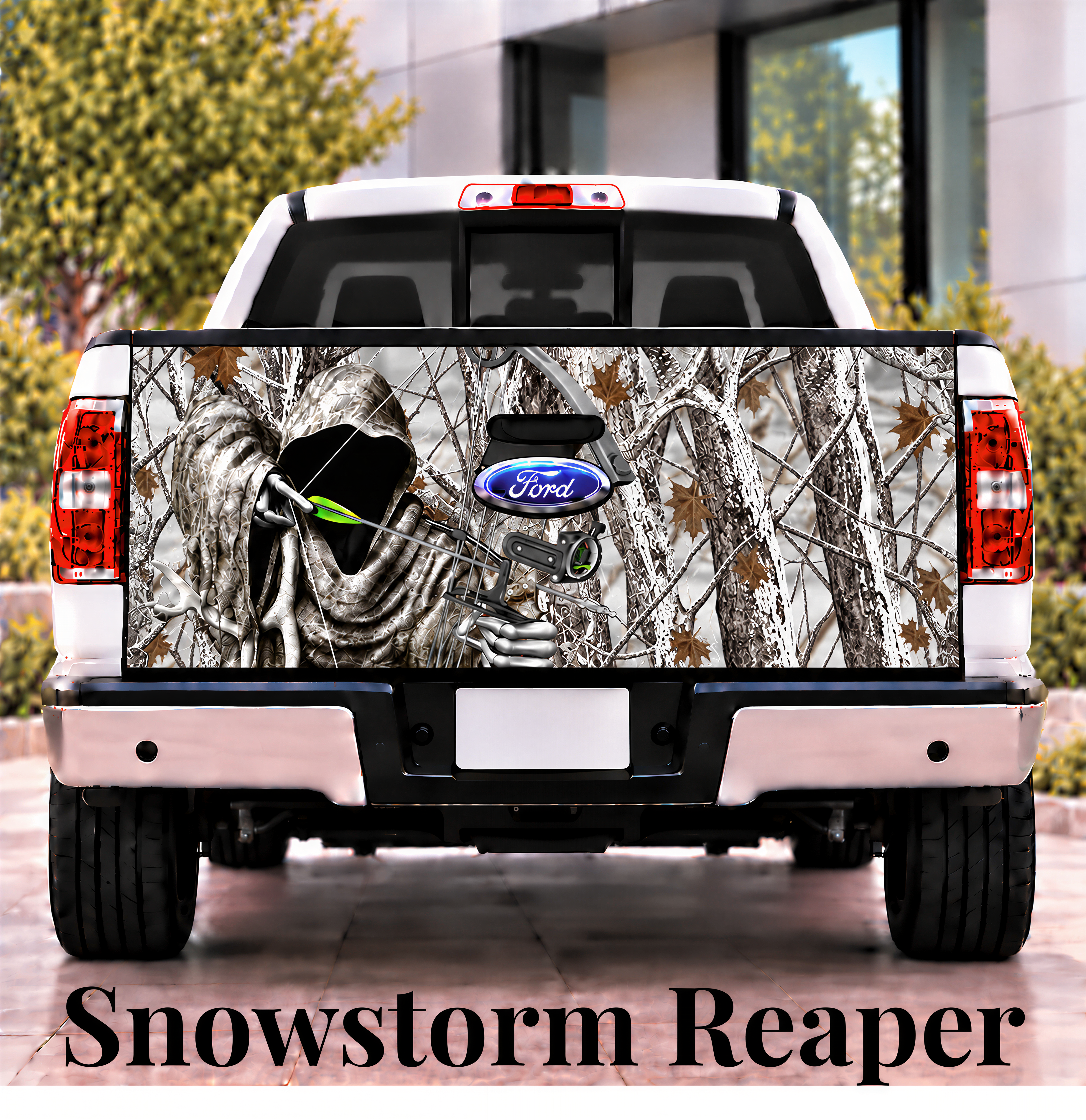 A white Ford truck with a camouflage design on the rear bumper, depicting a hooded figure holding a fishing rod.