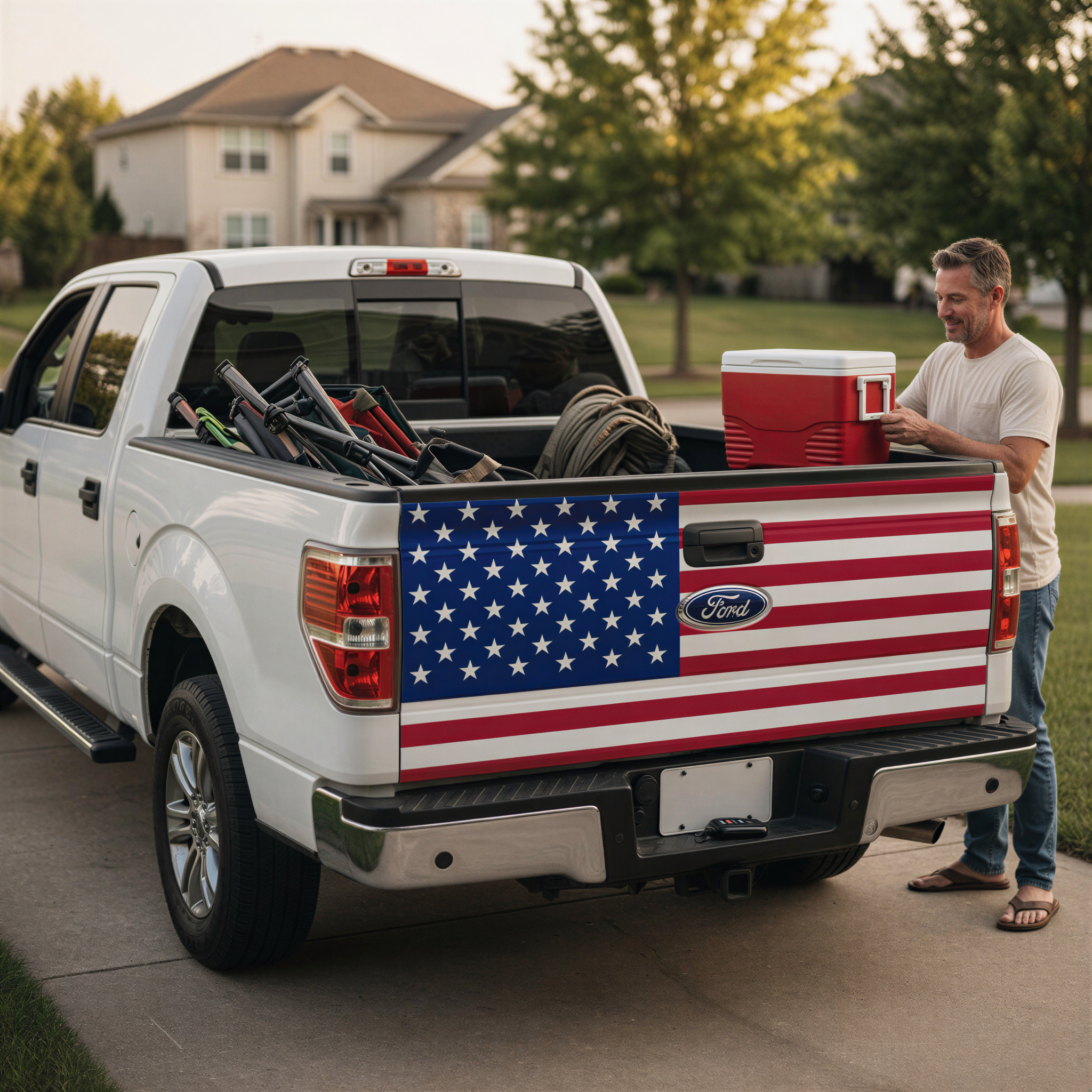 A man is standing next to a white Ford pickup truck with an American flag decal on the rear. The truck is parked on a driveway, and the man appears to be loading or unloading items from the truck bed.