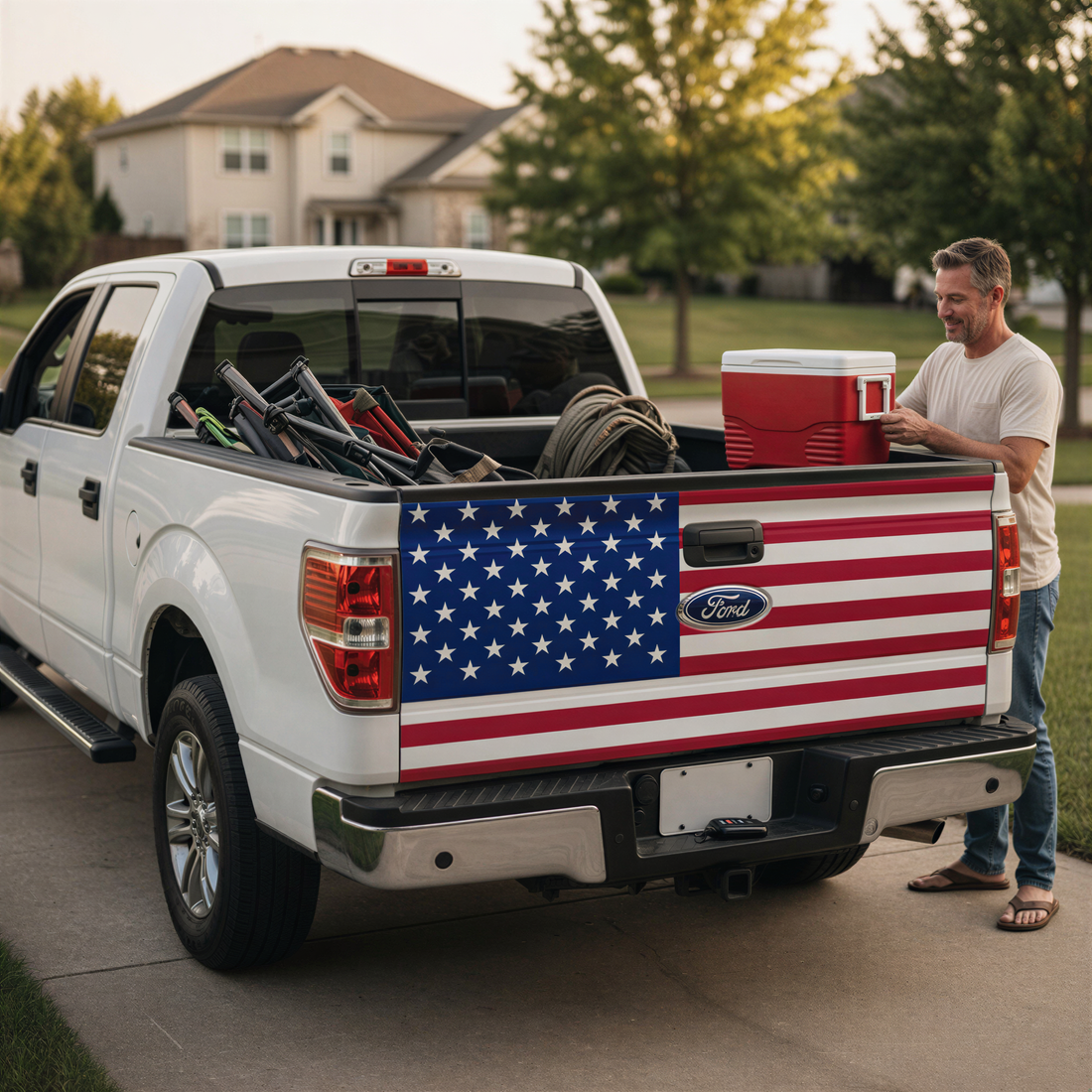 A man is standing next to a white Ford pickup truck with an American flag decal on the rear. The truck is parked on a driveway, and the man appears to be loading or unloading items from the truck bed.