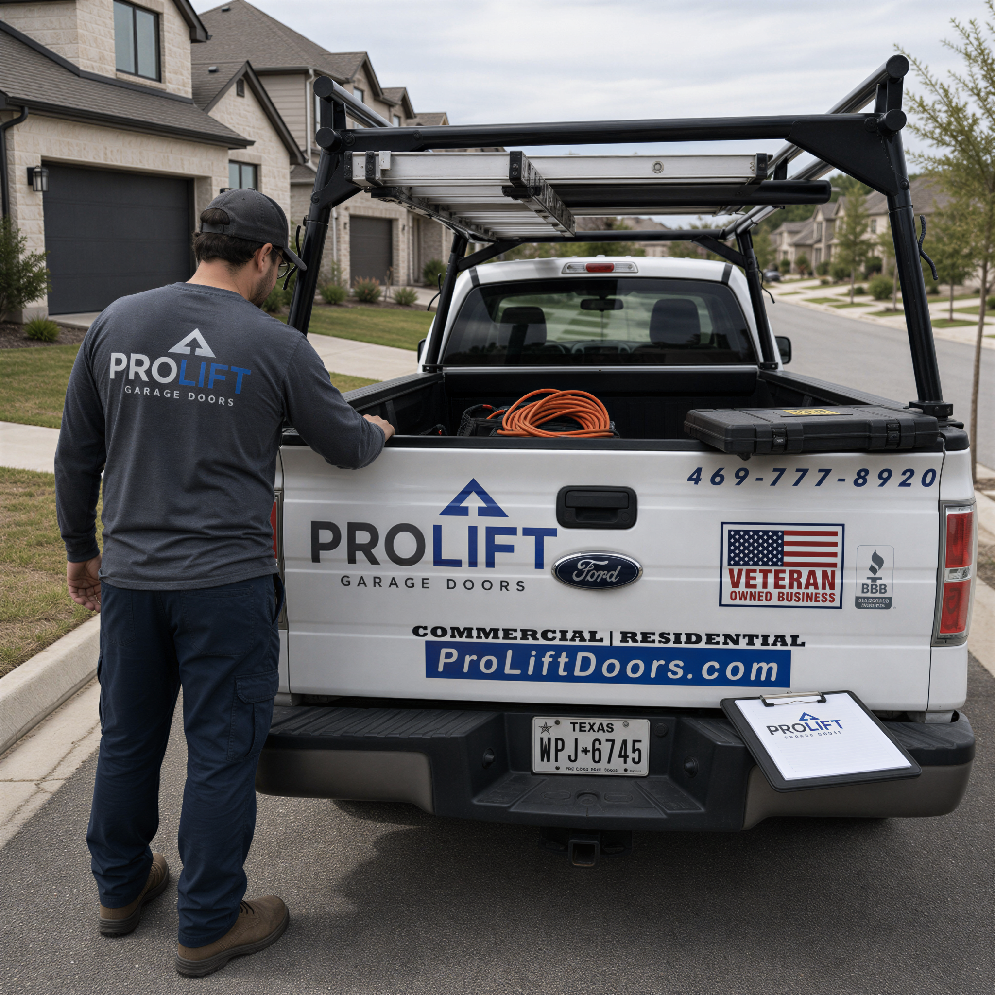 A man in a grey shirt and blue jeans is standing next to a white Ford truck with a ladder in the bed, which is parked on a residential street.