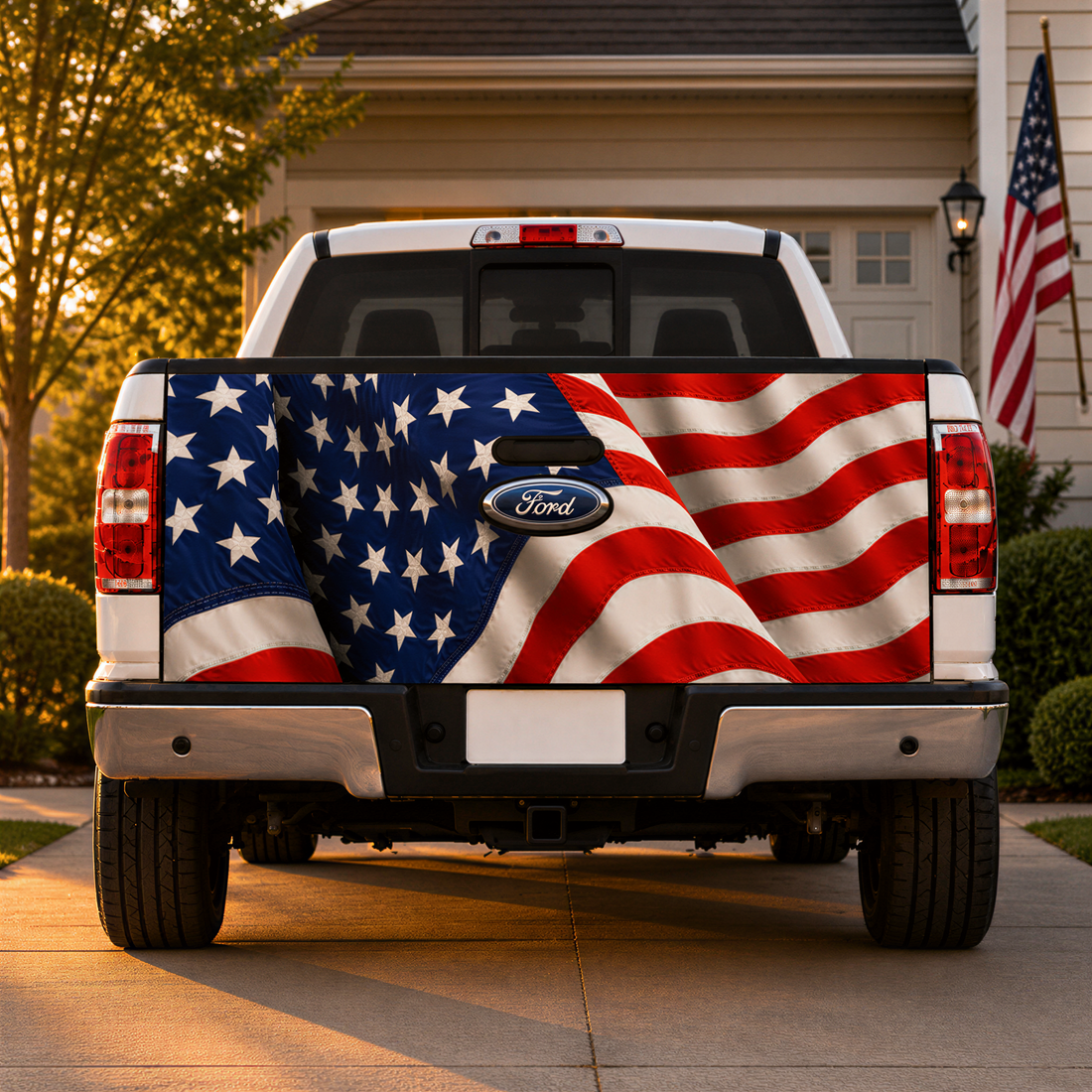 the rear of a white Ford truck with an American flag design on the tailgate.