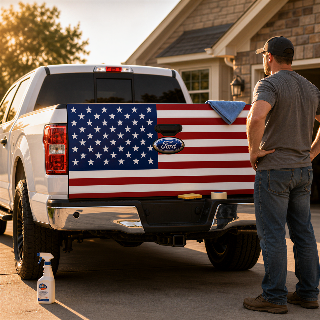 A man stands next to a white Ford truck with an American flag decal on the rear, holding a bottle of cleaner.