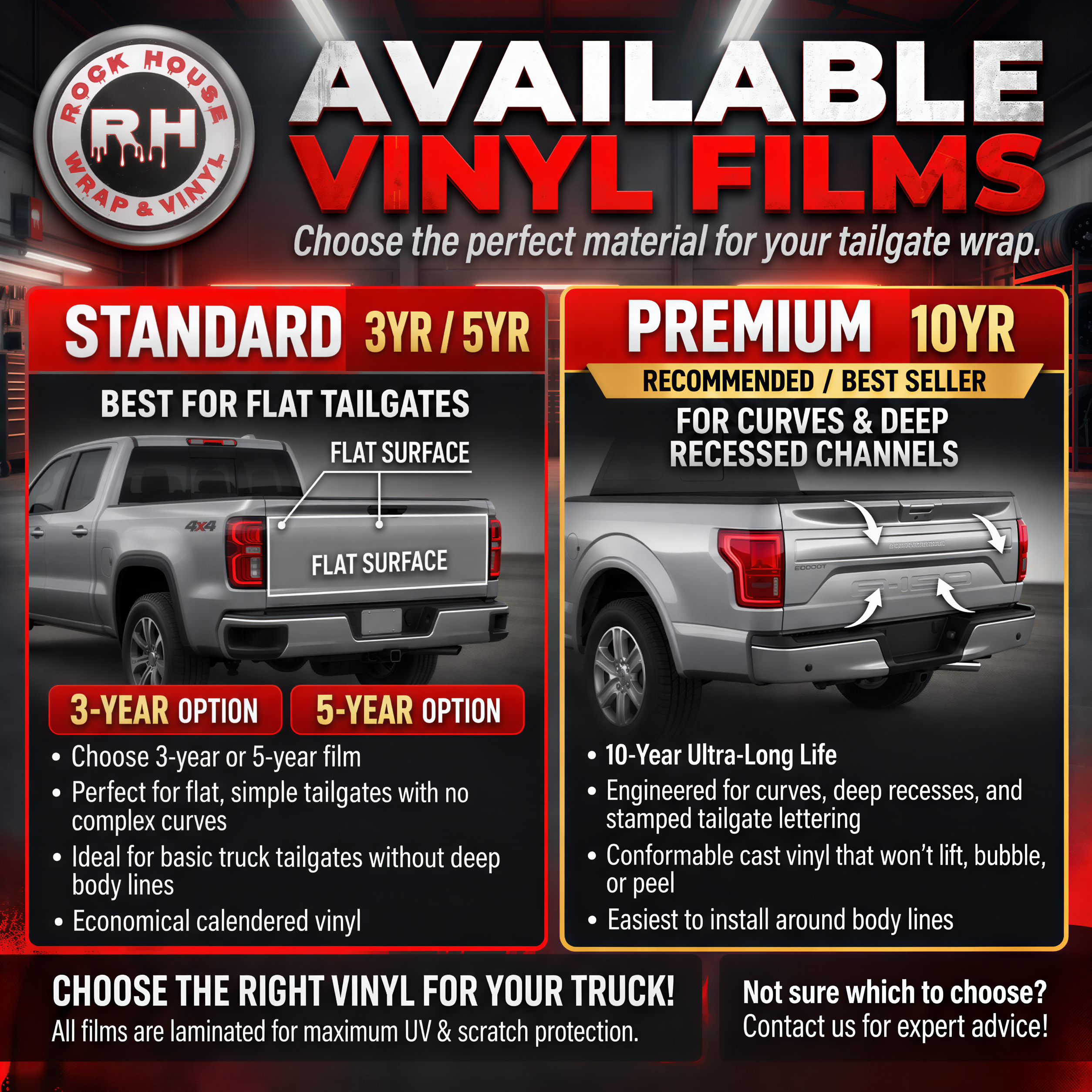 The image is an advertisement for Rock House Wrap & Vinyl, showcasing available vinyl films for trucks. It features two different types of vinyl films, one for flat tailgates and one for premium curves, with a 3-year and 5-year option. The ad highlights the benefits of choosing the right vinyl film for your truck, such as the best for flat tailgates, flat surface, and premium curves, as well as the 10-year Ultra-Long Life and easy installation.