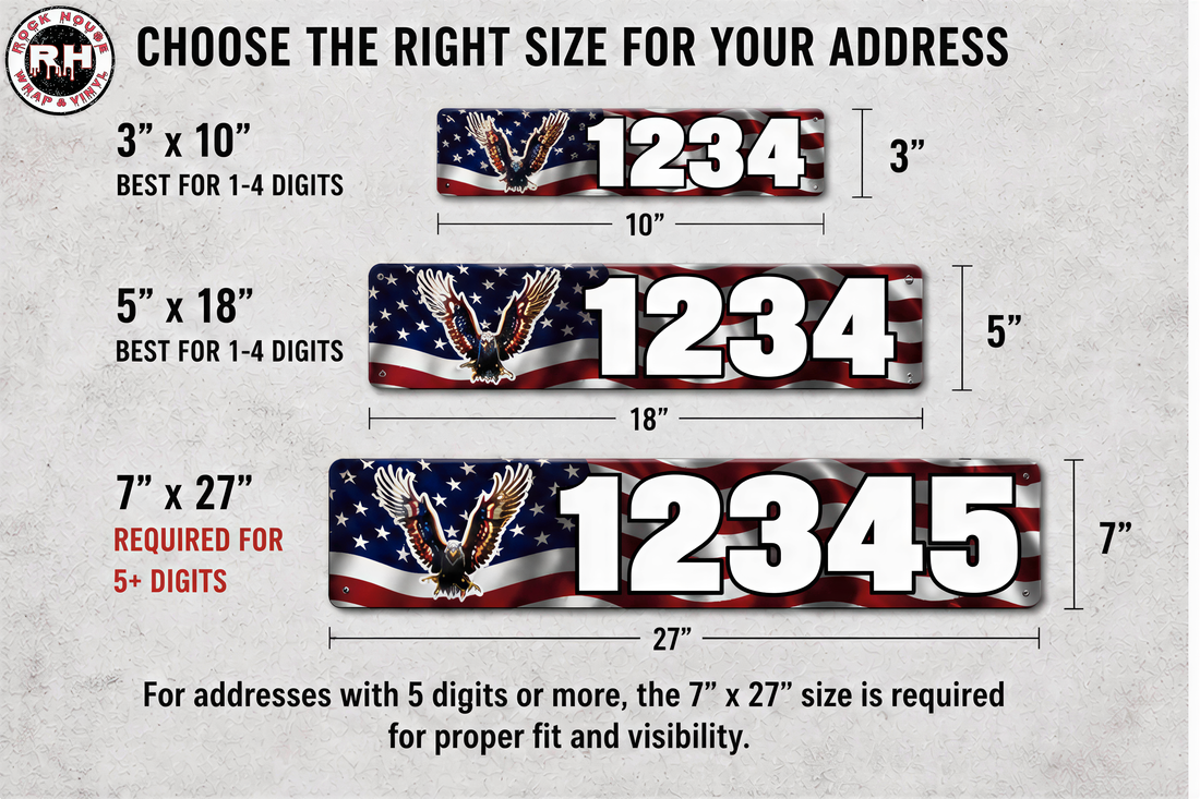 three different size American flag-themed street signs, each with a unique address number. The first sign is 3" x 10", the second is 1234, and the third is 1234. The signs are designed to fit various address sizes, ranging from 7" x 27" to 5" x 18". The image provides a visual guide for choosing the appropriate sign size based on the number of digits or the width of the street.