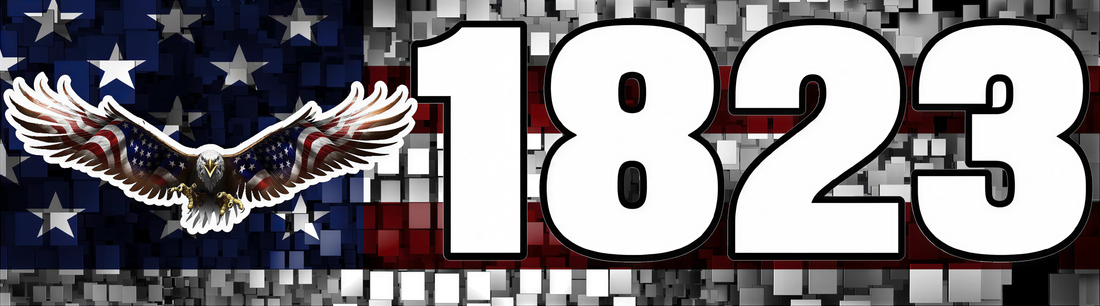a large number "1823" in bold, white letters against a background that includes an American flag and a soaring eagle.