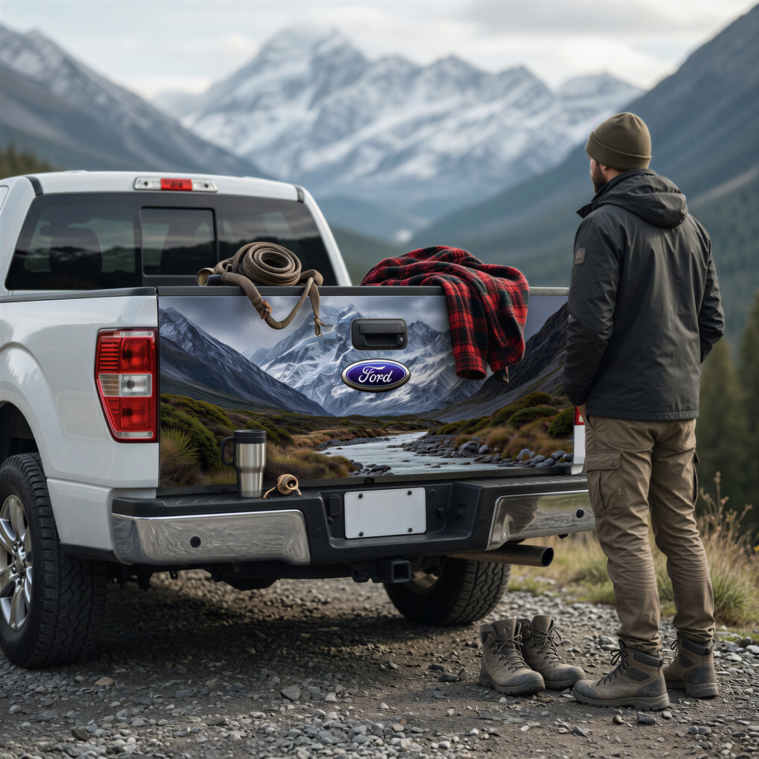 A man stands next to a white Ford pickup truck with a mountain landscape decal on the rear.