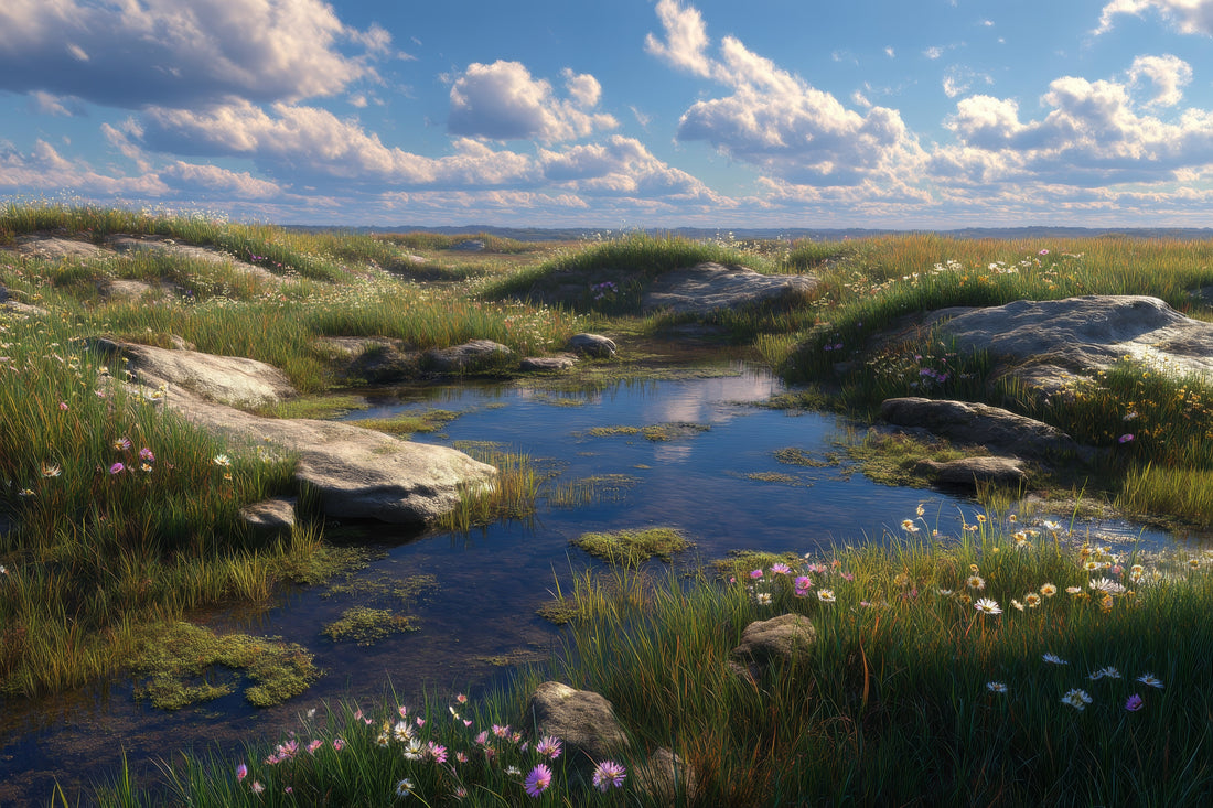 A serene landscape featuring a small pond surrounded by lush green grass, rocks, and wildflowers, with a blue sky and fluffy white clouds overhead.