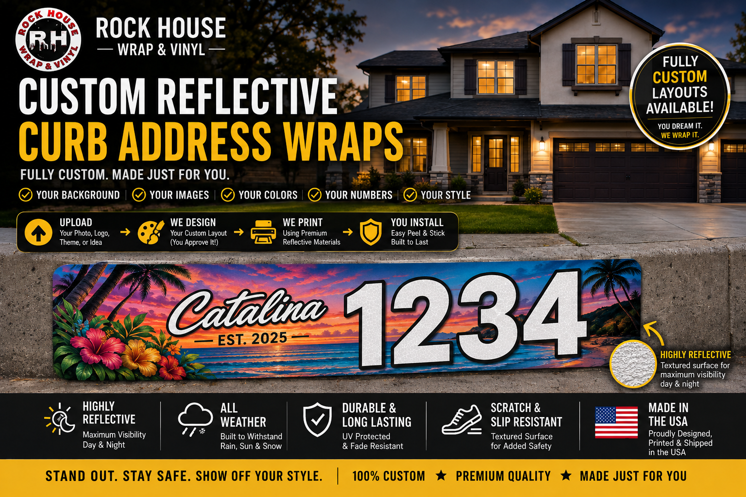 Reflective Curb Address Numbers, Custom Outdoor House Sign For Driveways