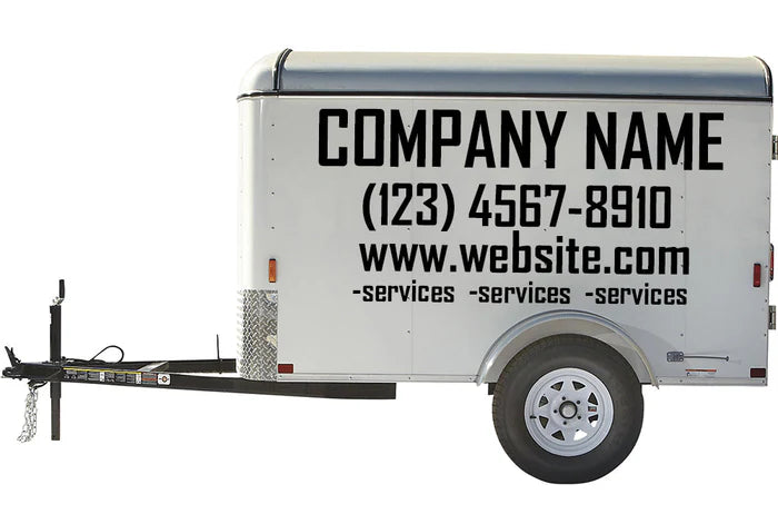 Custom business signs and vinyl lettering decals for a 6' x 10' enclosed trailer